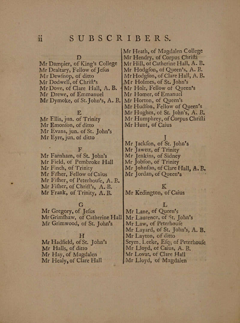 ü SUBSCRIBERS Mr Heath, of Magdalen College Mr Hendry, of Corpus Chrifti Mr Hill, of Catherine Hall, A. B. Mr Hodgfon, of Queen's, A. BP. Mr Hodgfon, of Clare Hall, A. B. Mr olas: of St. John's Mr Holt, Fellow of Queen's Mr Homer, of Emanuel Mr Horton, of Queen's Mr Hudíon, Fellow of Queen' S Mr Hughes, of St. John's, A. B. Mr Humphrey, of Corpus Chrifti Mr Hunt, of Caius D Mr Dampter, of King's College Mtr Dealtary, Fellow of Jefus Mr Dewfnop, of ditto Mr Dodwell, of Chrift?s Mr Dove, of Clare Hall, A. B. Mr Drewe, of Emmanuel Mr Dymoke, of St. John's, A. B. E Mr Ellis, jun. of Trinity Mr Emonton, of ditto Mr Evans, jun. of St. John's Mr Eyre, jun. of ditto ] Mr Jackfon, of St. John's Mr Jawett, of Trinity Mr Jenkins, of Sidney Mr Jobfon, of Trinity Mr Johnfon, of Clare Hall, A. B. Mr Jordan, of Queen's : F Mr Farnham, of St. John's Mr Field, of Pembroke Hall Mr Finch, of Trinity Mr Fifher, Fellow of Caius Mr Fifher, of Peterhoufe, A. B. . Mr Fifher, of Chris, A.B. . : K Mr Frank, of Trinity, A. B. Mr Kedington, of Caius G Mr Gregory, of Tefus Mr Grimfhaw, of Catherine Hall Mr Grimwood, of St. John's L Mr Lane, of Queen's Mr Laurence, of 5t. John's Mr Law, of Peterhoufe | Mr Layard, of St. John's, A. B. Mr Layton, of ditto | Seym. Leeke, Efq; of Petrthbhis Mr Lloyd, of Caius, A. B. Mr Lovat, of Clare Hall Mr Lloyd, of Magdalen H Mr Hadfield, of St. John's Mr Halls, of ditto Mr Hay, of Magdalen Mr Healy, of Clare Hall