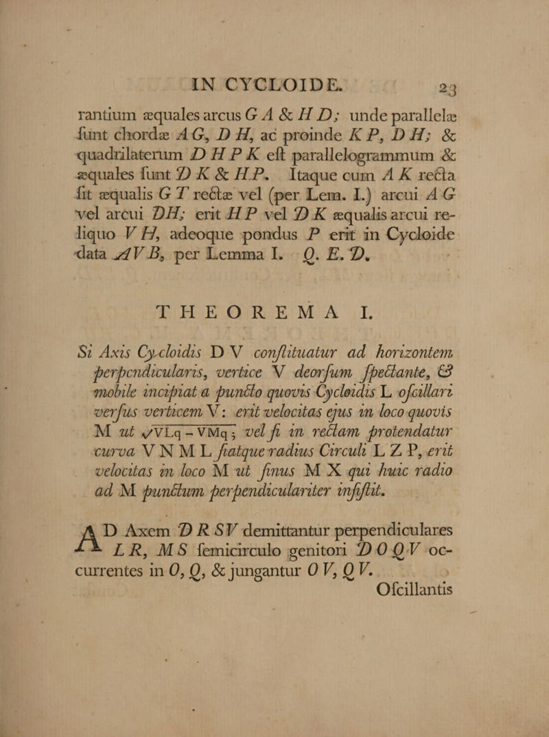 rantium zquales arcus G 4 &amp; H D; unde parallelz Íunt chorde 4G, D H, ac proinde K P, DH; &amp; quadrilaterum 4D H P K eft parallelogrammum &amp; zquales funt 0 K &amp; H.P. | Itaque cum A K recta fit equalis G 1 recte vel (per Lem. I.) arcui AG vel arcui 2H; ent H P vel 22K equalis arcui re- liquo V E, adeoque pondus P erit in poder data 74V.B, per Lemma I... Q. E. ». THEOREMA L Si Axis Cycloidis D V. conftuatur ad. horizontem perpendicularis, oerte N deorfum | fpectante, C3 mobile incipiat à. unélo quovis Cycleudis L. ofcilarz verfus verticem V ; «erit velocitas ejus 1n loco quovis M. ut ,VEq-VMq; vel fu an. rectam. protendatur curva VN M L faatqueradius Circuli L, Zi P, erit velocitas in loco M ut. fimus M. X. qui /nuic radio ad. M. punclum. perpendiculariter infifat. AP Axem D RSV demittantur perpendiculares LR, MS femicirculo geniton. 2D O QV oc- currentes in O, Q, &amp; jungantur O V, Q V. | Ofcillantis