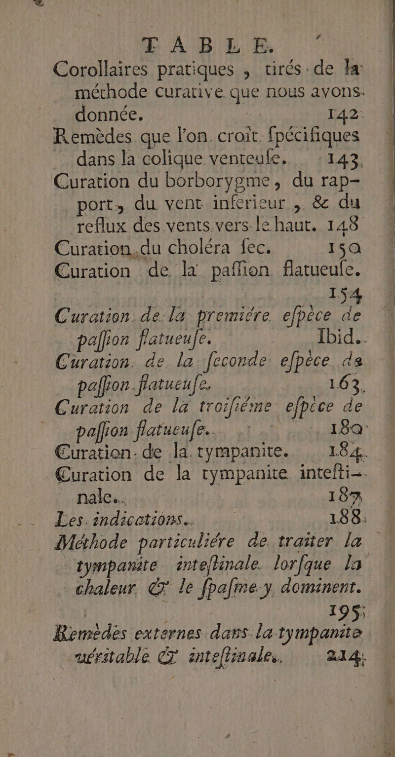 Corollaires pratiques , urés:de fa méchode curanuve que nous avons. donnée. | T42: Remèdes que l'on croit. fpécifiques dans la colique venteule. 143. Curation du borborygme, du rap- port, du vent inferieur ,. &amp; du reflux des vents.vers le haut. 148 Curation. du choléra {ec. 15Q Œuration de la paffion flatueule. 154 } Curation. de la premiére. efpèce de Curation. de la feconde: efpèce da palfion.flatueuf: 8. 163, Curation de la troiliéme. efpice de | ] nale... 187 Les. indications. | 188: Méthode particuliére de traiter la chaleur, € le fpalme.y. dominent. @ \ » Le 195 Remèdes externes dans la tympanite uéritable CT anteftinale.. 214: 4