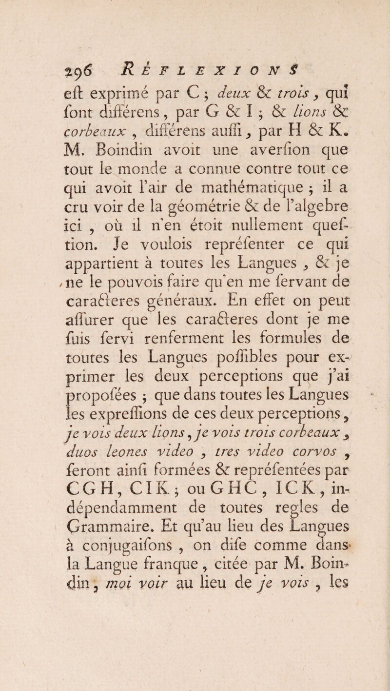 eft exprimé par C ; deux & trois, qui font diftérens, par G & ï ; & lions & corbeaux , différées suffi par H & K„ M. Boindin avoit une averfion que tout ie monde a connue contre tout ce qui avoit l’air de mathématique ; il a cru voir de la géométrie & de Falgebre ici , ou il n en étoit nullement quel- tion. Je voulois repréfenter ce qui appartient à toutes les Langues 3 & je .ne le pouvois faire qu‘en me fervant de caraéteres généraux. En effet on peut alîurer que les caraéteres dont je me fuis fervi renferment les formules de toutes les Langues poffibles pour ex¬ primer les deux perceptions que j’ai propofées ; que dans toutes les Langues les expreffions de ces deux perceptions, je vois deux lions 9je vois trois corbeaux > duos leones video , très video corvos 9 feront ainfi formées & repréfentées par C G H , CI K ; ouGHC, IC K, in¬ dépendamment de toutes réglés de Grammaire. Et qu’au lieu des Langues à conjugaifons , on dife comme dans* la Langue franque , citée par M. Bour¬ din ? moi voir au lieu de je vois ? les