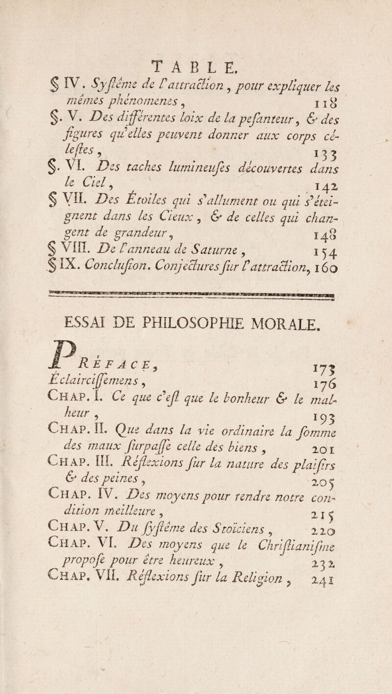 § IV. Syfiême de Vattraction ? pour expliquer les mêmes phénomènes , 11 ^ §• V. Des differentes loix de lapej.anteur, & des figures qu'elles peuvent donner aux corps cé- Lffs , ^ 133 §. VI. Des taches lumineufies découvertes dans le Cul, jgz § VII. Des Étoiles qui s'allument ou qui s'étei¬ gnent dans les deux 3 & de celles qui chan¬ gent de grandeur, u 'g § VIII. De F anneau die Saturne , 1^4 .§ Conclufion. Conjectures fur F attraction^ 160 ESSAI DE PHILOSOPHIE MORALE. R E F A C E , j Eclairc ffemens, Ch AP. I. Ce défi que le bonheur & le mal¬ heur , Ch AP. IL Q7/2 dans la vie ordinaire la Comme des maux fiurpajfie celle des biens , 201 Chap. III. Réflexions fur la nature des plaifirs & des peines, 2Q^ Chap. IV. ZVy moyens pour rendre notre con¬ dition meilleure , 2 1 e Chap. V. Du Jyfiême des Stoïciens , 220 Chap. VI. moyens que le Chrifiianifime propofe pour être heureux , 232 Chap. VIL Réflexions fur la Religion , 2< -1 j£