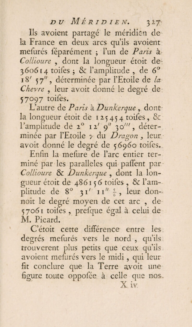 Ils avoient partagé le méridien de la France en deux arcs qu’ils avoient mefurés féparément ; l’un de Paris à Collioure , dont la longueur étoit de 360614 toifes ÿ & l’amplitude , de 6° 18' 57, déterminée par l’Etoile de la Ch evre , leur avoir donné le degré de 57097 toifes. L’autre de Paris à Dunkerque y dont la longueur étoit de 125454 toifes, & l’amplitude de 20 n7 9 30/;/, déter¬ minée par l’Etoile y du Dragon, leur avoit donné le degré de 56960 toifes. Enfin la mefure de l’arc entier ter¬ miné par les parallèles qui paffent par Collioure & Dunkerque , dont la lon¬ gueur étoit de 486156 toifes , & l’am¬ plitude de 8° 31' il'7 \ , leur don- noit le degré moyen de cet arc , de 57061 toifes , prefque égal à celui de M. Picard. C’étoit cette différence entre les degrés mefurés vers le nord , qu’ils trouvèrent plus petits que ceux qu’ils avoient mefurés vers le midi , qui leur fit conclure que la Terre avoit une figure toute oppofée à celle que nos,