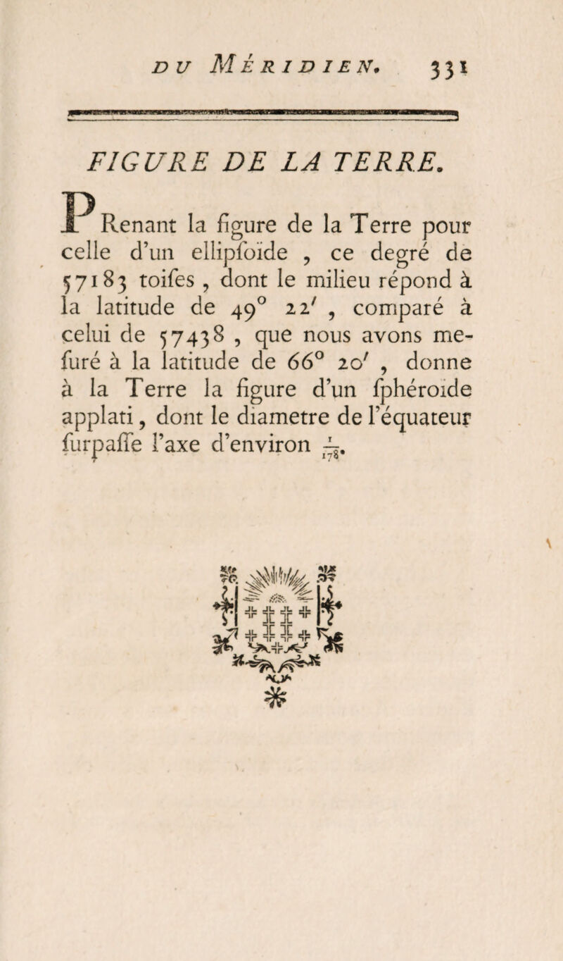 FIGURE DE LA TERRE. JPllenant la figure de la Terre pour celle d’un ellipfoïde 9 ce degré de 57183 toifes , dont le milieu répond à la latitude de 490 22' , comparé à celui de 57438 , que nous avons me- furé à la latitude de 66° ior , donne à la Terre la figure d’un fphéroide applati, dont le diamètre de l’équateur furpaffe i’axe d’environ \