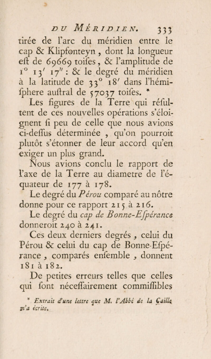 tirée de Tare du méridien entre le cap & Klipfonteyn , dont la longueur eft de 69669 toifes, & l’amplitude de i° 13' 17 : & le degré du méridien à la latitude de 330 18' dans Fhémi- fphere auftral de 57037 toifes. * Les figures de la Terre qui résul¬ tent de ces nouvelles opérations s’éloi¬ gnent fi peu de celle que nous avions ci-deffus déterminée ? qu’on pourroit plutôt s’étonner de leur accord qu’en exiger un plus grand. Nous avions conclu le rapport de l’axe de la Terre au diamètre de l’é¬ quateur de 177 à 178. Le degré du Pérou comparé au nôtre donne pour ce rapport 215 à 216. Le degré du cap de Bonne-Efpéranct donneroit 240 à 241. Ces deux derniers degrés , celui du Pérou & celui du cap de BonneEfpé- rance ,, comparés enfemble donnent 181 à 182. De petites erreurs telles que celles qui font nécelfairement commiffibles ¥ Extrait dune lettre que M, VAbbé de la failli, ffi'a écrite.