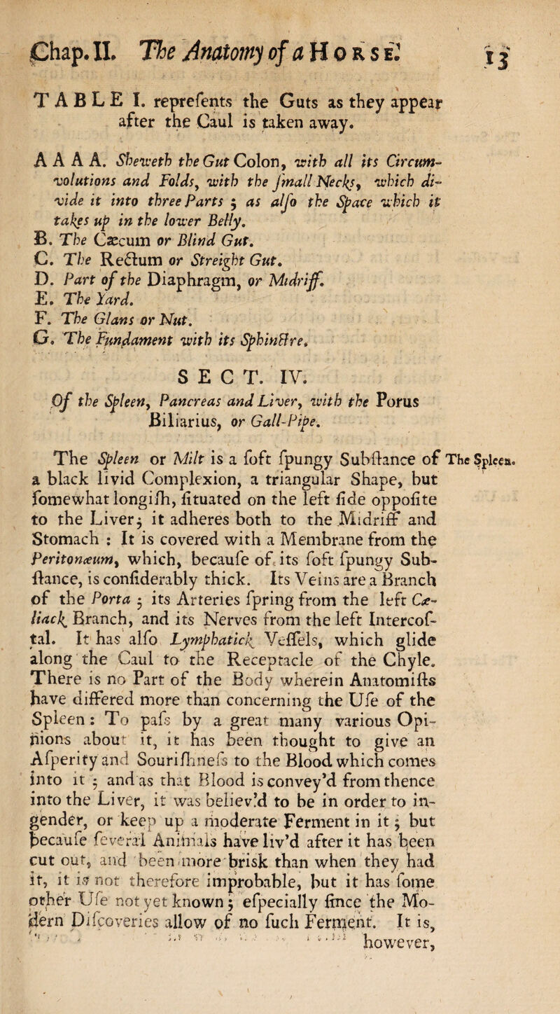 TABLE I. reprefents the Guts as they appear after the Caul is taken away. A A A A. Sheweth the Gut Colon, with all its Circum¬ volutions and Folds, with the fmall Neeles, which di¬ vide it into three Parts ; as alfo the Space which it takes up in the lower Belly. B. The Caecum or Blind Gut. C. The Return or Streigbt Gut. D. Part of the Diaphragm, or Midriff. E. The Yard. F. The Gians or Nut. G. The Fundament with its SphmBre. SECT. IV. Of the Spleen, Pancreas and Liver, with the Poms Biliarius, or Gall-Pipe. IJ The Spleen or Milt is a foft fpungy Subfiance of The Spleen, a black livid Complexion, a triangular Shape, but fomewhat longifh, fituated on the left fide oppofite to the Livery it adheres both to the Midriff and Stomach : It is covered with a Membrane from the Peritoneum, which, becaufe of its foft fpungy Sub¬ fiance, is conliderably thick. Its Veins are a Branch of the Porta • its Arteries fpring from the left Cae- liacf Branch, and its Nerves from the left Intercof- tal. It has alfo Lymph at icf Veffels, which glide along the Caul to the Receptacle of the Chyle, There is no Part of the Body wherein Anatomifts have differed more than concerning the Ufe of the Spleen: To pafs by a great many various Opi- hions about it, it has been thought to give an Afperityand Sourifhnefs to the Blood which comes into it • and as that Blood is convey’d from thence into the Liver, it was believed to be in order to in¬ gender, or keep up a moderate Ferment in it $ but becaufe fevered Animals have liv’d after it has been cut out, and been-more brisk than when they had it, it is not therefore improbable, but it has fome other U/e not yet known 5 efpecially ftnee the Mo¬ dern Difcoveries allow of no fuch Ferment. It is, o n, 1. :• i however, 1