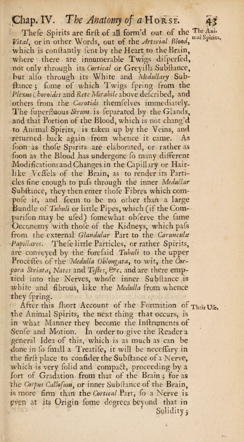 Thefe Spirits are fir ft of all form’d out of the TIle„A.n!* Vital, or in other Words, out of the Arterial Blood, n ai i>!UtJ which is conftantly lent by the Heart to the Brain, where there are innumerable Twigs difperfed, not only through its Cortical or Greyilli Subftance, but alio through its White and Medullary Sub¬ ftance 3 feme of which Twigs fpring from the Plexus choroides and Rete Mirabile above delcribed, and others from the Carotids themfelves immediately. The fuperftuous Serum is feparated by the Glands, and that Portion of the Blood, which is not chang’d to Animal Spirits, is taken up by the Veins, and returned back again from whence it came. As fopn as thole Spirits are elaborated, or rather as foon as the Blood has undergone fo many different Modificationsand Changes in the Capillary or Hair¬ like Veffels of the Brain, as to render its Parti¬ cles fine enough to pafs through the inner Medullar Subftance, they then enter thofe Fibres which com- pofe it, and feem to be no. other than a large Bundle of Tubtdi or little Pipes, which (if the Com- piarifon may be ufed) fomewhat obferve the fame Oeconomy with thofe of the Kidneys, wftiich pafs from the external Glandular Part to the CaruncuM Pay'd lares. Thefe little Particles, or rather Spirits, are conveyed by the forefaid Tubuli to the upper Procefles of the Medulla Oblongata, to wit, the Cor¬ pora Striata, Nates and Tejles, &c. and are there emp¬ tied into the Nerves, whofe inner Subftance is white and fibrous, like the Medulla from whence they fpring. After this fliort Account of the Formation of Their Ufe. the Animal Spirits, the next thing that occurs, is in what Manner they become the Inftritments of Senfe and Motion. In order to give the Reader a general Idea of this, which is as much as can be done in fo fmall a Treadle, it will be neceftary in the firfi place to confider the Subftance of a Nerve, which is very folid and compaft, proceeding by a fort of Gradation from that of the Brain 5 for as the Corpus Callofum, or inner Subftance of the Brain, is more firm than the Cortical Part, fo a Nerve is p/en at its Origin fome degrees beyond that in Solidity 3