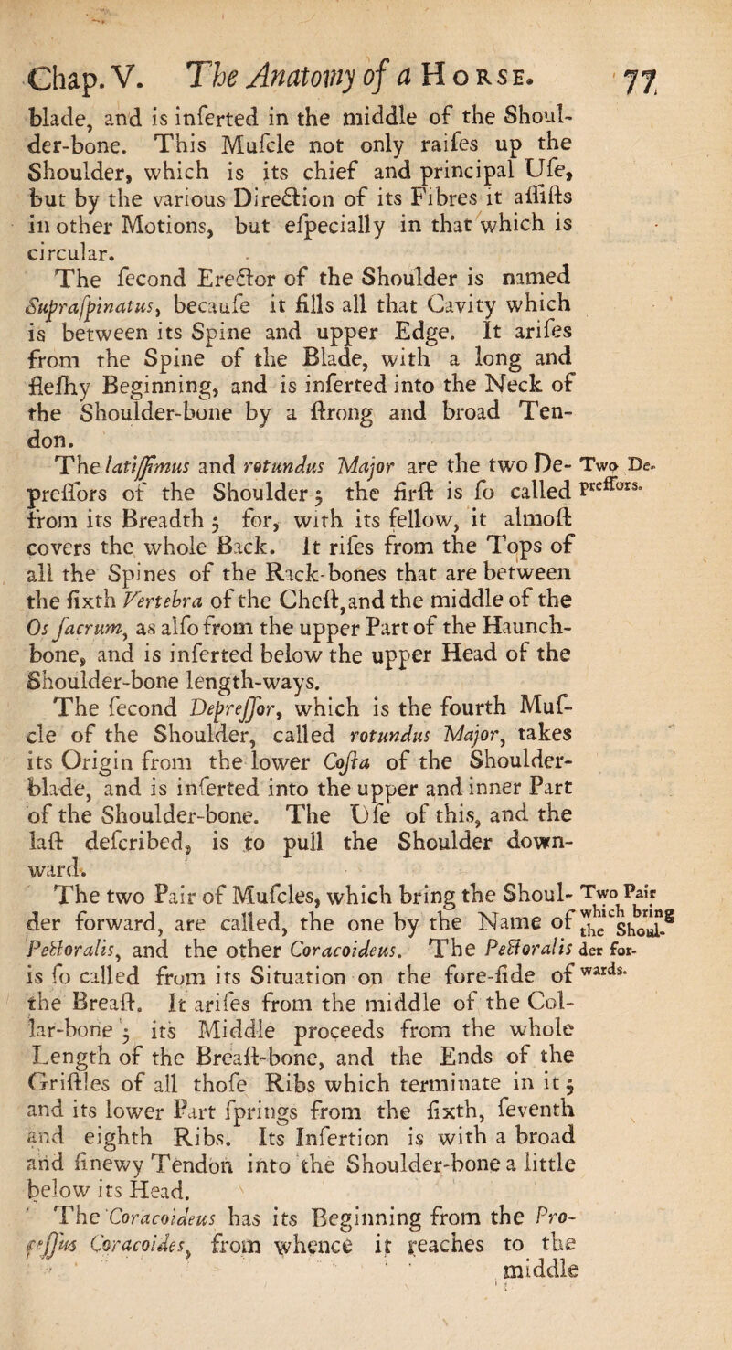 blade, and is inferted in the middle of the Shoul¬ der-bone. This Mufcle not only raifes up the Shoulder, which is its chief and principal Ufe, but by the various Direction of its Fibres it adids in other Motions, but efpecially in that which is circular. The fecond Ereftor of the Shoulder is named SuprafbinatuSy becaufe it fills all that Cavity which is between its Spine and upper Edge. It arifes from the Spine of the Blade, with a long and fiefhv Beginning, and is inferted into the Neck of the Shoulder-bone by a ftrong and broad Ten¬ don. The latijpmus and rotundas Major are the two De- Two Be, predors of the Shoulder $ the fird is fo called Feffors° from its Breadth $ for, with its fellow, it almod covers the whole Back. It rifes from the Tops of all the Spines of the Rack-bones that are between the fixth Vertebra of the Ched,and the middle of the Os facrum, as alfofrom the upper Part of the Haunch- bone, and is inferted below the upper Head of the Shoulder-bone length-ways. The fecond DepreJJor, which is the fourth Muf¬ cle of the Shoulder, called rotundas Major, takes its Origin from the lower Cojia of the Shoulder- blade, and is inferted into the upper and inner Part of the Shoulder-bone. The Ufe of this, and the lad defcribed, is to pull the Shoulder down¬ ward. The two Pair of Mufcles, which bring the Shoul- Two Pair der forward, are called, the one by the Name of ^^shoul-8 PeBoralisy and the other Coracoideus. The Pefforalis der for- is fo called from its Situation on the fore-fide ofwards- the Bread. It arifes from the middle of the Col¬ lar-bone 5 its Middle proceeds from the whole Length of the Bread-bone, and the Ends of the Gridles of all thofe Ribs which terminate in it 5 and its lower Part fprings from the fixth, feventh and eighth Ribs. Its Infertion is with a broad arid finewy Tendon into the Shoulder-bone a little below its Head. The Coracoideus has its Beginning from the Pro- fej]'m Coracoides, from whence it reaches to the middle / s i i