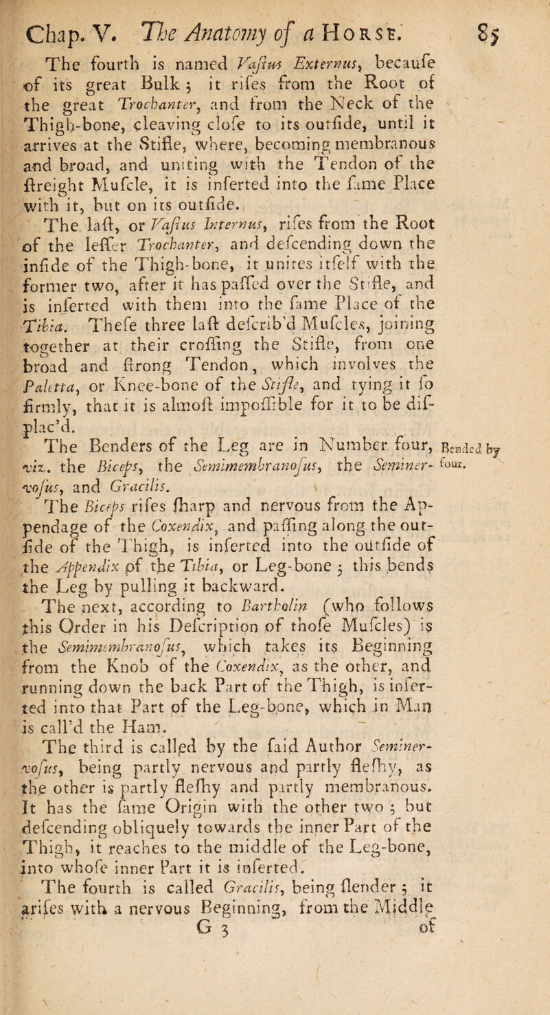 The fourth is named Vaftm Ext emus, becaufe of its great Bulk j it rifes from the Root of the great Trochanter, and from the Neck of the Thigh-bone, cleaving clofe to its outfide, until it arrives at the Stifle, where, becoming membranous and broad, and uniting with the Tendon of the ftreight Mufcle, it is inferred into the lame Place with it, but on its outfide. The lad, or Vaftus Intern us, rifes from the Root of the lefler Trochanter, and defcending down the infide of the Thigh-bone, it unites itfelf with the former two, after it has pa fled over the Stifle, and is inferred with them into the fame Place of the Tibia. Thefe three iaft deferib’d Mufcles, joining together at their eroding the Stifle, from one broad and flrong Tendon, which involves the Paletta, or Knee-bone of the Stifle, and tying it fo firmly, that it is almoA impofiible for it to be dif- plac’d. The Benders of the Leg are in Number four, R£Hdcd by 'viz. the Biceps, the Semimembranosus, the Seminer- ^our- 'cojus, and Gracilis. The Biceps rifes fliarp and nervous from the Ap¬ pendage of the Coxenaix, and palling along the out¬ fide of the Thigh, is inferred into the outfide of the Appendix pf the Tibia, or Leg-bone 5 this bends the Leg by pulling it backward. The next, according to Bartholin (who follows this Order in his Defcription of thofe Mufcles) is the Semimembranosus, which takes its Beginning from the Knob of the Coxendix, as the other, and running down the back Part of the Thigh, is infer¬ red into that Part of the Leg-bone, which in Man is call’d the Ham. The third is callgd by the faid Author Seminer- 'vojus, being partly nervous and partly flefhy, as the other is partly flefhy and partly membranous. It has the fame Origin with the other two 5 but defeending obliquely towards the inner Part of the Thigh, it reaches to the middle of the Leg-bone, into whofe inner Part it is inferred. The fourth is called Gracilis, being Lender 5 it arifes with a nervous Beginning, from the Middle G 3 ' of !