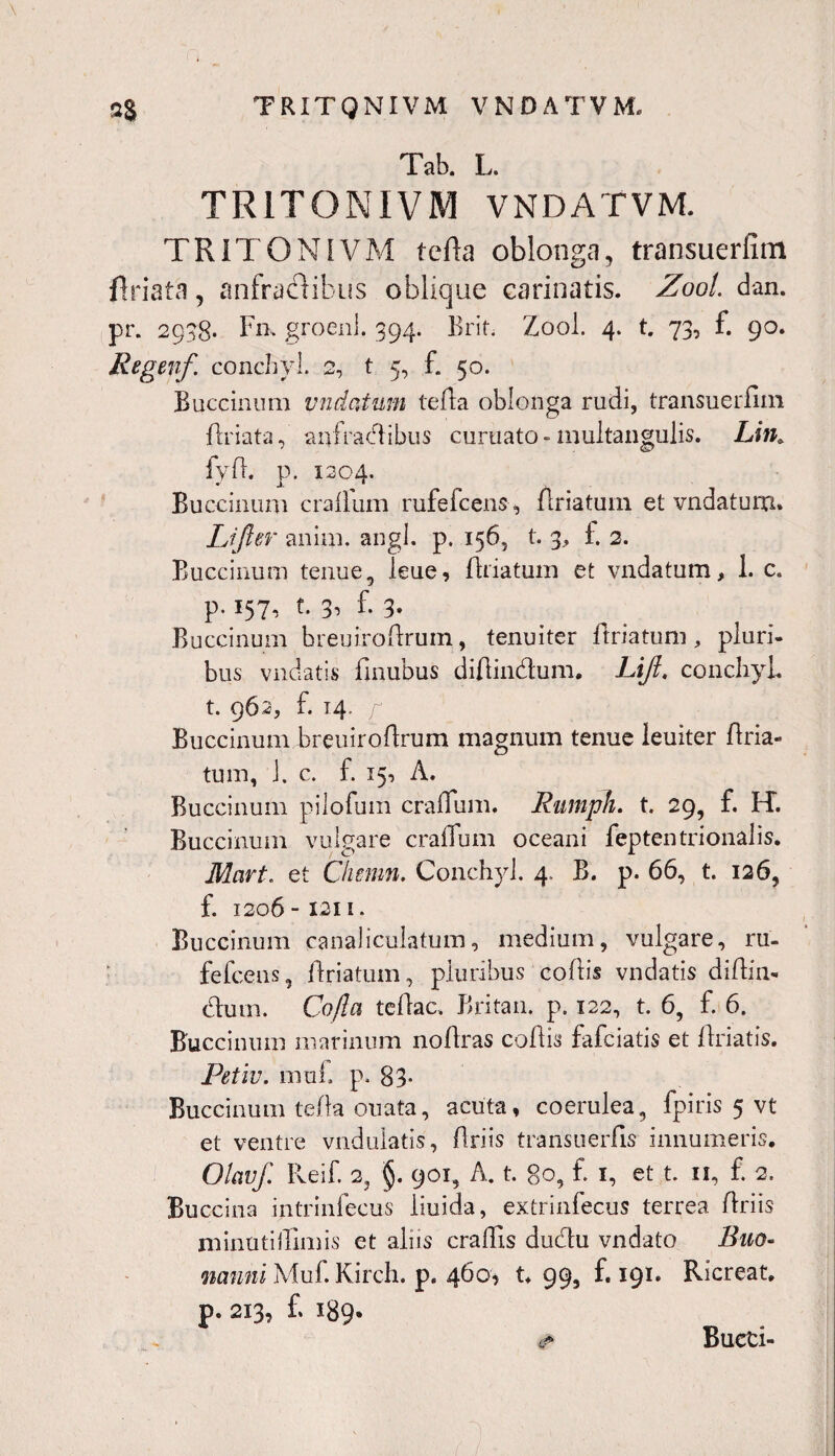 Tab. L. TR1TONIVM VNDATVM. TRITON i VM tefla oblonga, transuerfim ftriata, anfradlibus oblique carinatis. Zool. dan. pr. 2958- Fn, groeni. 394. Brit. Zool. 4. t. 73, f. 90. Regenf. conchyl. 2, t 5, f. 50. Buccinum undatum terta oblonga rudi, transuerfim ftriata, aiffradibus curitato - multangulis. Lith fyfi. p. 1204. Buccinum craffum rufefcens, firiatum et vndatum. Lifter anim. angi. p. 156, t. 3, £ 2. Buccinum tenue, leue, firiatum et vndatum, 1. c. p. 157, t. 3, b 3* Buccinum breuiroftrum, tenuiter firiatum, pluri¬ bus vndatis finubus difiindum. Lijt. conchyl. t. 962, f. 14, f Buccinum breuirofirum magnum tenue leuiter firia¬ tum, J. c. f. 15, A. Buccinum pilofum craffum. Rumph. t. 29, f. H. Buccinum vulgare craffum oceani feptentrionalis. Mart. et Chsnm. Conchyl. 4. B. p. 66, t. 126, f. 1206 -1211. Buccinum canaliculatum, medium, vulgare, ru- fefcens, firiatum, pluribus cofiis vndatis difiin¬ dum. Co/la tefiac, Britan. p. 122, t. 6, f. 6. Buccinum marinum nofiras codis fafciatis et rtriatis. Fetiv. mui. p. 83- Buccinum tefia ouata, acuta, coerulea, fpiris 5 vt et ventre vndulatis, firiis transuerfis innumeris. Olavf. Reif. 2, §. 901, A. t. go, f. 1, et t. 11, f. 2. Buccina intrinfecus liuida, extrinfecus terrea firiis minutiilimis et aliis craffis dudu vndato Buo- ncmni Muf. Kirch. p. 460, t. 99, f. 191. Ricreat. p. 213, £ 189. Bueti-