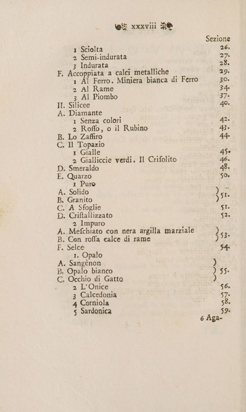 1 Sciolta 2 Semi-indurata 3 Indurata 1 Al Ferro. Miniera bianca di Ferro 2 Al Rame 3 Al Piombo Os (OF Mb» DOP MO 1 Senza colori 2 Roffo, o il Rubino x Gialle 2 Gialliccie verdi. Il Crifolito 1 Puro Solido Granito A Sfoglie Criftallizzato 2 Impuro Mefchiato con nera argilla marziale Con roffa calce di rame Selce 1. Opalo Opalo bianco 2 L’Onice 3 Calcedonia 4 Corniola s Sardonica Sezione 26. 27. 28. 29.