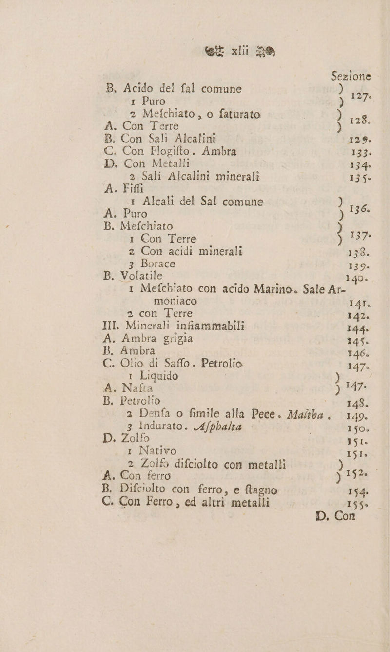 et xl 28 Sezione - B. Acido del fal comune È I Puro ) di 2 Mefchiato, o faturato | ) 128 A. Con Terre 13 ; B. Con Sali Alcalini 129. C. Con Flogilto. Ambra 133» D. Con Metalli 134. 2 Sali Alcalini minerali 135° A. Fiffi I Alcali del Sal comune PI A. Puro ) SI B. Mefchiato ; e 1 Con Terre VARIA 2 Con acidi minerali 138. 3 Borace 139. B. Volatile 140. 1 Mefchiato con acido Marino. Sale Ar- moniaco 141. 2 con Terre SERE 142. III. Minerali infiammabili 144. A. Ambra grigia 145. B. Ambra 146. C. Olio di Saffo. Petrolio 147. 1 Liquido ) A. Nafta VA B, Petrolio ‘0648. 2 Denfa o fimile alla Pece. Maitha. 149. 3 ladurato. A/phalta | 150. D. Zolfo SI 1 Nativo 151. 2 Zolfo difciolto con metalli A. Con ferro ie B. Difciolto con ferro, e ftagno 154. C. Con Ferro, ed altri metalli —. Igo