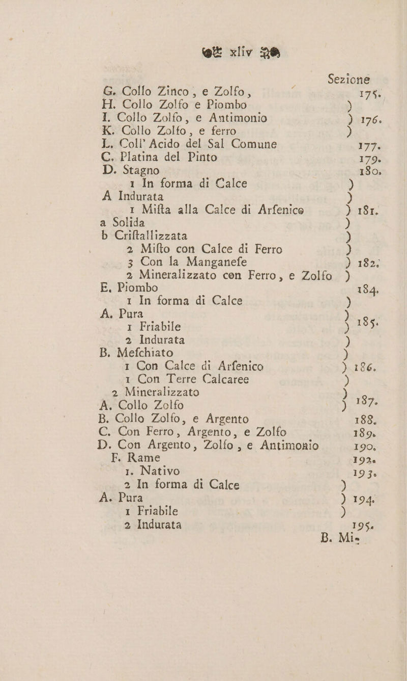 Sezione G. Collo Zinco, e Zolfo, 175. H. Collo Zolfo e Piombo ) I. Collo Zolfo, e Antimonio ) 176: K. Collo Zolfo, e ferro ) L. Coll’ Acido del Sal Comune 177. C. Platina del Pinto 179. D. Stagno 180, 1 In forma di Calce ) A Indurata ) I Mifta alla Calce di Arfenice ) 181. a Solida ) b Criftallizzata ) 2 Mifto con Calce di Ferro ) 3 Con la Manganefe ) 182; 2 Mineralizzato cen Ferro, e Zolfo ) E, Piombo 184. 1 In forma di Calce ) A. Pura ) | 1 Friabile ta 2 Indurata ) B. Mefchiato ) 1 Con Calce di Arfenico ) 186. 1 Con Terre Calcaree ) 2 Mineralizzato ) A. Collo Zolfo ) 187. B. Collo Zolfo, e Argento 188. C. Con Ferro, Argento, e Zolfo 189: D. Con Argento, Zolfo, e Antimonio 190 F. Rame 192. 1. Nativo 193. 2 In forma di Calce ) A. Pura ) 194 1 Friabile J 2 Indurata 195. B. Mi»