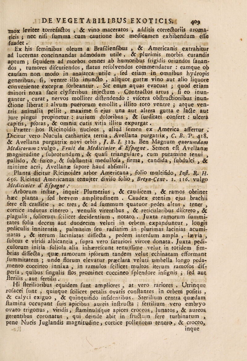 tnox leviter torrefa&os , Sc vino maceratos , additis corre&oriis aroma- ti cis; nec nifi fumma cum cautione hoc medicamen exhibendum effe fuadet. Ex his feminibus oleum a Brafilienfibus , Sc Americanis extrahitur ad lucernas concinnandas admodum utile, & plurimis morbis curandis aptum ; fiquidem ad morbos omnes ab humoribus frigidis oriundos fanan¬ dos , tumores difcutiendos, flatus refolvendos commendatur : eamque ob caufam non, modo in anafarca utile , fed etiam in omnibus hydropis generibus, fi, ventre illo inundo , aliquot guttae vino aut alio liquore conveniente exceptas for beantur . Sic enim aquas evacuat ; quod etiam minori noxa facit clyfteribus inje&um . Contrados artus , fi eo inun- gantur , curat, nervos molliter diflendendo : vifcera obffrudiotiibus inun- dione liberat : alvum puerorum emollit, illito toto ventre ; atque ven¬ tris animalia pellit , maxime fi ejus una aut altera gutta e lade aut jure pingui propinetur : aurium doloribus , Sc furditati confert : ulcera capitis, pforas, Sc omnia cutis vitia illitu expurgat. Praeter hos Ricinoidis nucleos , aliud femen ex America affertur ; Dicitur vero Nucula cathartica tertia, Avellana purgatrix, C. B. T. 418. Sc Avellana purgatrix novi orbis , J. B. L 322. Ben Magnum quorumdam Medicorum : vulgo, Fruit du Medicinier d' Ffpagne . Semen eft Avellanae .magnitudine, fubrotundum , & quafi triangulare, cum putamine tenui 3 pallido, & fuico, & fubftantia medullofa, firma, candida, fubdulci 9 Sc minime acri, Avellanae fapore haud abfimili. Planta dicitur Ricinoides arbor Americana3 folio multifido, Infi. R. H. 656. Ricinus Americanus tenujter divilo folio, Breyn-Cent. 1. 116. vulgo Medicinier d' Ffpagne .* Arborum inftar, inquit Plumerius , Sc caudicem , Sc ramos obtinet haec planta , fed brevem amplitudinem . Caudex etenim ejus brachii fere eft craffitie , ac tres, Sc ad fummum quatuor pedes altus , tener , cortice indutus cinereo , venulis virentibus , Sc reticularibus difcreto, Sc plagulis 5 foliorum feilicet decidentium , notato . Juxta ramorum fummi- tates folia decem aut duodecim veluti in orbem expanduntur , longis pediculis innitentia , palmatim feu radiarim in plurimas lacinias acumi¬ natas , Sc iterum laciniatas diffe&a , pedem interdum ampla , laevia , fubtus e viridi albicantia , fupra vero faturiori virore donata. Juxta, pedi¬ culorum initia foliola alia inhaerefcunt tenujftime velut in totidem fim¬ brias difledta, quae ramorum ipforum tandem velut echinatam efFormant Summitatem ; unde florum elevatur praeclara veluti umbella longo peda¬ mento coccineo innixa , in ramulos feilicet multos iterum ramofos dif- perfa , quibus fingulis flos prominet coccineo fplendore infignis ; fed aut Sterilis , aut fertilis. Hi Sterilioribus equidem funt ampliores , at vero rariores . Utrinque rofacei funt , quinque feilicet petalis ovatis conflantes in orbem politis , Sc calyci exiguo , Sc quinquifido infidentibus. Sterilium centra quaedam /tamina occupant fuis apicibus aureis inftru&a : fertilium vero embryo ovato trigonus, viridis, ftaminulifque apices croceos, lunatos, Sc aureos, gerentibus coronatus , qui deinde abit in fruvtum fere turbinatum , pene Nucis Juglandis magnitudine, cortice pollentem tenero, Sc croceo, ■v.:l inque