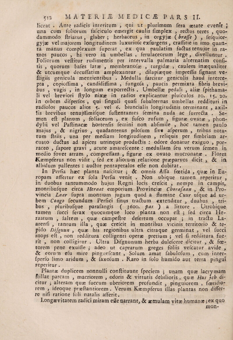 liceat * Ante radicis interitum , qui ut plurimum fera aetate evenit $ una cum foliorum fafciculo emergit caulis fimplex , redus teres , quo¬ dammodo ftriatus , glaber ; herbaceus , in orgyjae ( brafjfe ) , fefquior- gyjae vel majorem longitudinem luxuriofe exfurgens, craflitie in imo quan¬ ta manus complexum fuperat , ex qua paulatim factus tenujor in ra¬ mos paucos , hi vero in umbellas , ferulaceorum lege , divelluntur . Foliorum veftitur rudimentis per intervalla palmaria alternatim confi- lis , quorum bafes latae , membranofae , turgidas , caulem inaequaliter Sc utcumque decuffatim amplexantur , dilapfaeque impreflis flgnant ve*3 fiigiis genicula mentientibus . Medulla farcitur geniculis haud interce? pra , copioflima , candidiffima , fungofa , paucis permixta fibris brevi¬ bus , vagis ^ in longum exporredis . Umbellae pedali , aliae fpithama- ii vel breviori ftylo nixae in radios explicantur plufculos io. 15. 20«. in orbem difperfos > qui finguli quafi fubalternas umbellas reddituri in radiolos paucos alios 5. vel 6. biuncialis longitudinis terminant , axil¬ lis brevibus tenujflimifque fuflentantes femina nuda ac furreda . Se¬ men efl planum , foliaceum , .ex fufco rufum , figura ovatae > phon- dylii vel Paflinacae hortenfis femini non abfimile , hoc tamen paulo majus 5 «5c nigrius- , quadantenus pilofum five afperum , tribus nota¬ tum flriis j una per mediam longitudinem , reliquis per fimbriam ar¬ cuato dudus ad apices utrinque produdis : odore donatur exiguo 5 por¬ raceo * fapore gravi , acute amarefcente : medullam feu verum femen in medio fovet atram , compreflam , figurae ex ovato mucronatae . Flores ICaempferus non vidit , fed ex aliorum relatione praeparvos dicit , Sc in albidum pallentes : audor pentapetalos efle non dubitat. In Perfla haec planta nafcitur ; Sc omnis Affa foetida , quae in Eu¬ ropam affertur ex fola Perfia venit . Non ubique tamen repentur , in duobus tantummodo hujus Regni locis crefcit , nempe in campis, montibufque circa Heraat emporium Provinciae Chorafaan , & in Pro¬ vincia Laar fupra montium jugum quod a flumine Cuur ufque ad ur¬ bem Congo fecundum Perfici Unus tradum extenditur , duabus , tri¬ bus , pluribufque parafangis ( 5600. pas ) a littore » Utrobique tamen fucci ferax quocumque loco planta non efl: ; fed circa He- raatum , falcem , quae campeftre defertum occupat ; in tradu La- arenfi , tantum illa , quae crefcit in montibus vicinis territorio Sc te¬ pido Dijguun y quae his regionibus ultra citraque germinat 9 vel fucci inops efl , non redditura colligenti operae pretium ; vel fi redditura fue¬ rit 5 non colligitur * Ultra Difguunum herba dulefcere dicitur , Sc foe¬ to rem pene exuifie ; adeo ut caprarum greges foliis vefcatur avide , Sc eorum efu mire pinguefcant , Solum amat fabulofurn , cum inter- fperfo limo aridum > Sc faxofum . Raro in folo humido aut terra pingui reperirur . Plantas duplicem nonnulli conftituunt fpeciem $ unam quae lacrymam flillat parcam , macriorem , odoris & virtutis debilioris, quae Hus jeb di¬ citur j alteram quae fuccum uberiorem profundit , pinguiorem , foetidio¬ rem 9 ideoque prae fla ntiorem . Verum Kaempferus illas plantas non differ¬ re nifi ratione foli natalis aflerit. Longaevitatem radici miram efle narrant, Sc aemulam vitae humanae; ex quo mon-