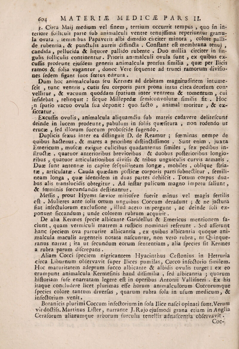 3. Circa Maij medium vel finem, tertium occurrit tempus , quo in in¬ teriore folliculi parte fub animalculi ventre tenujffima reperiuntur granu¬ la ovata , lemm bus Papaveris albi dimidio circiter minora , colore palli¬ de rubentia, Sc pundtuJis aureis diflindla . Conflant eft membrana tenuj , candida , pellucida & liquore pallido rubente . Duo millia circiter in fin- gulis folliculis continentur. Prioris animalculi ovula funt , ex quibus ex- cuflis prodeunt ejufdem generis animalcula prorfus fimilia quas per Ilicis ramos & folia vagantur , donec Vere fequente ad trunci ramorum divifio- nes fe^em figant fuos fcetus edirura . Dum hoc animalculum feu Kermes ad debitam magnitudinem intume- fcit , tunc ventris , cutis feu corporis pars prona intus circa deorfum con¬ vellitur , Sc vacuum quoddam fpatium inter ventrem Sc tomentum , cui infidebat , relinquit : ficque Millepedae femiconvolutae fimilis fit . Hoc *n fpatio vacuo ovula fua deponit: quo fafto , animal moritur , & ex- fi ccatur. Excudis ovulis, animalcula aliquamdiu fub matris cadavere delitefcunt deinde in lucem prodeunt, pabulum in foliis quaefitura , non rodendo ut erucae , fed illorum fuccum probofcide fugendo. Duplicis fexus inter ea difiinguit D. de Reamur ; fosminas nempe de quibus ha&enus , Sc mares a prioribus diftin&iffimos . Sunt enim , juxta Emericum , mufcac exigue culicibus quadantenus fimiles , fex pedibus in- ilrudae , quatuor anterioribus brevioribus Sc duobus pofterioribus longio¬ ribus , quatuor articulationibus divifis Sc tribus unguiculis curvis armatis . Duae funt antennae in capite fefquilineam longae, mobiles , oblique ftria- tae , articulatae . Cauda quaedam poflicae corporis parti fubneftitur , femili- neam longa , quae identidem in duas partes dehifcit . Totum corpus dua¬ bus alis translucidis obtegitur . Ad inftar pulicum magno impetu faliunt, Sc fceminis foecundandis deflinantur. Mellis , prout Hyems ftevior mitiofve fuerit minus vel magis fertilis eft . Mulieres ante (olis ortum unguibus Coccum deradunt ; Sc ne jaftura fiat infe&ulorum exclufione , illud aceto mfpergunt , ac deinde foli ex¬ ponunt ficcandum j unde colorem rubrum acquirit. De alia Kermes fpecie albicante Garidellus Sc Emericus mentionem fa¬ ciunt, quam vermiculi matrem a rufticis nominari referunt . Sed afferunt hanc fpeciem ova parturire albicantia , ex quibus albicantia quoque ani¬ malcula maculis argenteis notata nafcuntur, non vero rubra, nt Quinque- ranus narrat ; ita ut fecundum eorum fententiam , alia fpecies fit Kermes a rubra parum difcrepans. Aliam Cocci fpeciem nigricantem Hyacinthus Ceftonius in Hetrnria circa Liburnum obfervavit fuper Ilices pumilas. Cocco infedlorio fimilem. Hoc maturitatem adeptum fucco albicante Sc albidis ovulis turget: ex eo erumpunt animalcula Kermefinis haud difiimilia , fed albicantia ; quorum hiftoriam fufe enarratam legere eft in operibus Antonii Vallifneri . Ex his itaque concludere licet plurimas eflfe horum ammalculorum Coccorumque fpecies colore tantum diverfas , quarum rubra fola in ufum medicum, Sc infeflorium venit. Botanicis plurimi Coccum infedlcrium in fola Ilice nafci opinati funt.Verum vir doftifs. Martinus Lifter, narrante J. Rajo ejufmodi grana etiam inAnglia Ceraforum aliarumque arborum furculis tenellis adnafcentia obfervavit. Coc-