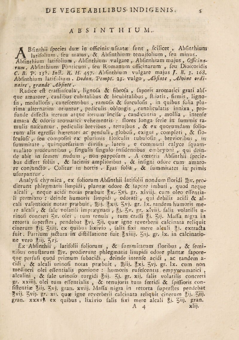 A B S I N T H I U M . Bfinthii fpecies duae in officinis ufitatae funt, fc i licet , Abfinthium larifoliwm , feu maius, Sc Abfinthium tenujfolium , feu minus. Abfinthium latifolium 3 Abfinthium vulgare Abfinthium majus . Officina¬ rum, Abfinthium Ponticum 5 feu Romanum officinarum , feu Diotcoridis C. B. V. InB. R. H* 457. Abfinthium vulgare majus f. B, 3. 168, Abfinthium latifolium. Doden, Vempt, vulgo s <y£bfinte , ^Alvine ordi- naire's grande' lAbjinte ,- Radice eft craffiufculay lignofa Sc fibrofa , faports' aromatici grati abf- que amarore, caulibus cubitalibus Sc bicubitalibus , fbiatis ,• firmis, ligno- fis, medullofisy canefcentibus 5 ramofis Sc furculofis , in quibus folia plu¬ rima alternarim oriuntur, pediculis oblongis y, canaliculatis innixa 3 pro¬ funde diffiedfa iterum atque iterum7 incifa , candicantia r mollia intenfe amara <3c odoris aromatici vehementis-; flores longa ferie in fummis ra¬ mulis nafcuntur , pediculis brevibus 9 tenujbus , Sc ex quorumdam folio¬ rum alis egreffis haerentes ac penduli, globofi 3 exigui , completi , Sc flo- fculofi s> feu compofits ex plurimis flofculis tubulofis brevioribus , in fummitate , quinquefariam divifis luteis , e communi calyce fquam- mulato prodeuntibus ,» fingulis fingulo infidentibus embryoni , qui dein¬ de abit in femen’ nudum non pappofum . A coereris Abfinthii fpecie- bus differt foliis , Sc laciniis amplioribus , Sc infigni odore curm amaro¬ re conjtm&ov Colitur in hortis .-Ejus folia s Sc lu mm i tat es in'primis ufurpanfur Analyfi chymica , ex foliorum Abfinthii latifolii nondum floridi Iqv.pro*- di erunt phlegmatis limpidi, plantae odore Sc lapcre imbuii , quod neque alea Ii ^ neque acidi notas praebuit fx0-5vj. gr. xlviij. cum oleo5 efientia- Ji per mi xto deinde humoris limpidi odorati 3 qui debilis acidi Sc al- cali valentioris notas praebuit, - Tbij, ?xij. 5VP gn tandem humoris me¬ re alcaliSc fale volatili impraegnati y ^j. Jv. gr. xlviij. falis volatilis li¬ rino (i concieri Jv. olei , tum tenuis , tum craffi Maffia nigra in retorta fuperftes, pendebat Jv)• qua? igne reverberii calcinata reliquit cinerum fij. 5nli* ex quibus lixivio , falis fixi mere alcali §j. extradla fuit. Partium ja&ura in' diflillatione fuit Jxiiij. §uj. giv Ix. in calcinatio- ne vero jiij. Jvj. Ex Abfinthii latifolii foliorum 3 Sc fummitatumr floribus y Sc femi¬ nibus onudarum Ifcv. prodierunt phlegmatis limpidi odore plantae fapore- que perfufi quod primum fubacicB , deinde intenfe acidi , ac tandem a - eidi , Sc alcali urinofi notas praebuit , Ifeiij. ^x). Jvj. gr. Ix. cum non mediocri olei efientialis portione : humoris rufefcenns empyreumatici , alcalini , Sc fale urinofo turgidi ^iij. Jj* gr« XP» falis volatilis concreti gr. xxiiij. olei tum effenmlis , Sc tenujoris tum foetidi Sc fpiffioris con¬ fidentiae Jiij. 5vj. gran. xviij. Maffa nigra in retorta fuperdes pendebat 5vij. Jvij. gr. xij. quae igne reverberii calcinata reliquit cinerum §ij. 5hj* gran. xxxvf. ex quibus , lixivio falis fixi mere alcali $j, 5'U» gran« A 4 xlij.