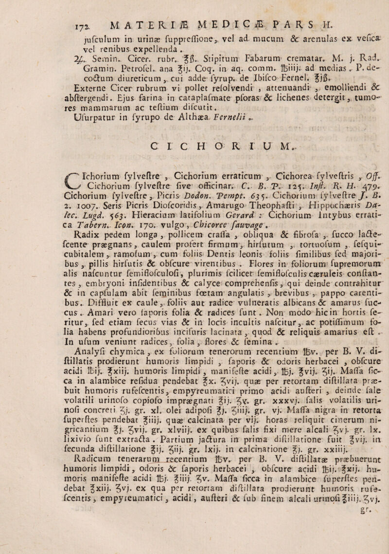 jiifculum in urinas fupprefllone», vel ad- mucum & arenulas ex vefica ve! renibus- expellenda . SemiiK Cicere rubr0 Stipitum Fabarum* crenratar. M» j. Rad. Gramin. PetrofeL ana Jij.. Coq. in aq. comm. IBiiijt ad medias«■■ P. de- codlum diureticum y cui adde fyrup. de Ibifco Fernel. Jj$. Externe Cicer rubrum vi pollet reloivendi , attenuandi ,, emolliendi Sc abftergendi. Ejus farina in cataplafmate pforasi & lichenes detergit, tumo¬ res mammarum ac teflium dilcutir. Ufurpatur in fyrupo de Althaea. Fernelii •« C I C H O R I U M, Cichorium fylveftre ,, Cichorium erraticum Cichorea^ fylveftris Off* * Cichorium fylveftre five officinar. C, Bo P. 125» Inft. K. H475?* Cichorium fylveftre, Picris Dodon. Tempt. 6$ 5. Cichorium fyl veftre J. B. 2* 1007.- Seris Picris Diofcoridis, Amarugo Theophafti , Hippocbaeris Da- lec; Z&gd. 563. Hieracium latifolium Gerard 1 Cichorium Intybus errati¬ ca Tabem, Icon. 170. vulgo ? Cbicoree fauvagev Radix pedem longa , pollicem crafta , obliqua & fibrofa , fucco Ia<fte- fcente praegnans, caulem profert firmam , hirfutum ,, tortnofum ,.fefqui~ cubitalem 5. ramofum 5 cum foliis Dentis leonis foliis fimilibus fed majori¬ bus , pii lis hirfutis Sc obfcure virentibus . Flores in foliorum fupremorum alis nafcuntur femifiofculofi, plurimis fcilicet femiflofculis caeruleis conflan¬ tes 3 embryoni inftdentibus Sc calyce compreKenfis, qui deinde contrahitur Sc in capfulam abit feminibus foetam5 angulatis , brevibus 5 pappo carenti¬ bus. Diffluit ex caule, foliis aut radice vulneratis albicans Sc amarus fuc- cus. Amari vero laporis folia Sc radices funt . Non modo hic in hortis fe¬ ritur, fed etiam fecus vias Sc in locis incultis nafcitur,<ac potiflimum fo¬ lia habens profundioribus incifuris lacinata, quod St reliquis amarius eft In ufum veniunt radices , folia flores Sc femina . Analyft chymica, ex foliorum tenerorum recentium tEv.yper B. V. di- ftillatis prodierunt humoris limpidi faporis Sc odoris herbacei , obfcure acidi IB i j. fxiij. humoris limpidi, manifefte acidi, IFj. fvij.- fy), Mafla fic- ca in alambice refidua pendebat fx. Jvij. quae per retortam diftillata prae¬ buit humoris rufefeentis, empyreumatici primo acidi aufteri, deinde fale volatili urinofo copiofo impraegnati §ij. 5v« gr. xxxvj. falis volatilis uri- noft concreti Jj* gr. xl» olei adipofi Jj. Jiiij, gr. vj. Mafta nigra in retorta fuperftes pendebat Jiiij. quas calcinata per vi), horas reliquit cinerum ni¬ gricantium ^j. Jvijo gr. xlviij. ex quibus falis fixi mere alcali Jvj. gr. Ix. lixivio funt extradla .'Partium jadlura in prima diftiliatione fuit §vij. in fecunda diftiliatione Jij. 5!D* gr« ^XI*F i*1 calcmatione gj. gr. xxiiij. Radicum teneraruni__recentium lEv^ per B. V. diftillatae praebuerunt humoris limpidi, odoris Sc faporis herbacei , obfcure acidi lEij* ?xij. hu¬ moris manifefte acidi lEj- ?v. Mafta ficca in alambice fuperftes pen¬ debat fxiij. ?vj. ex qua per retortam diftillata prodierunt humoris rufe¬ feentis, empyreumatici, acidi, aufteri Sc fub finem alcali urmofif iiij. 3vj.