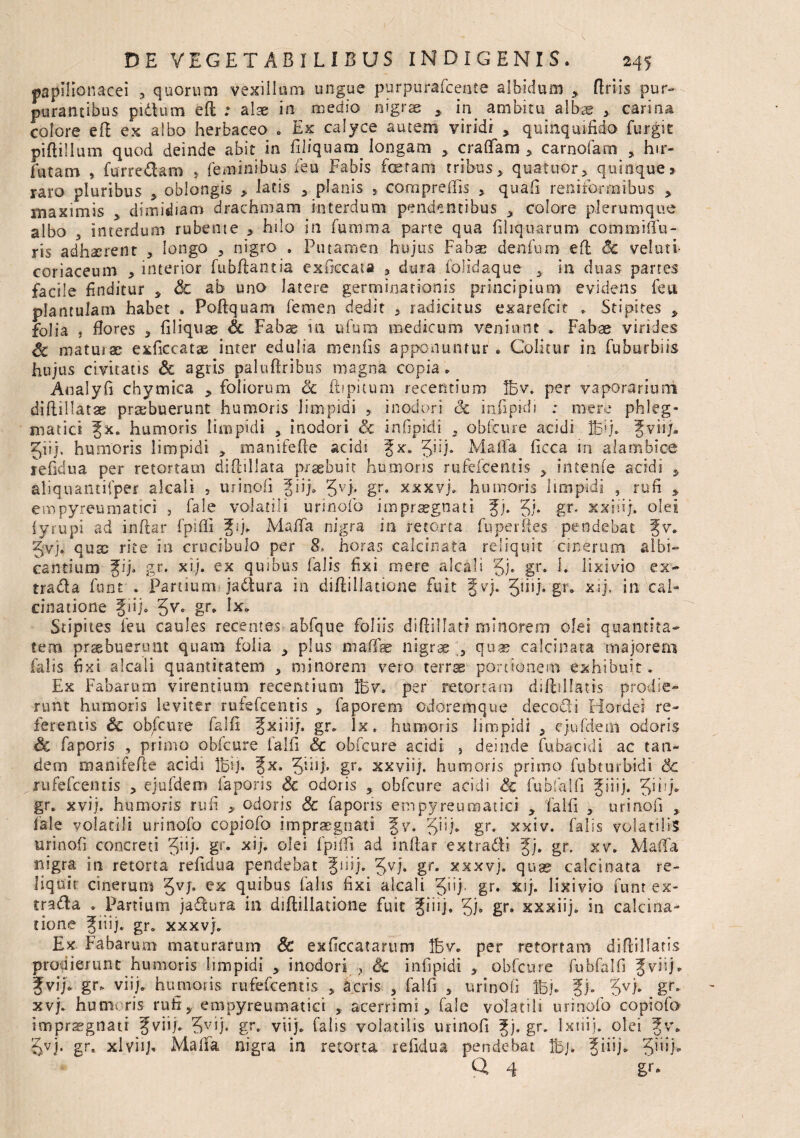 papiHonacei > quorum vexillum ungue purpurafcente albidum , Briis pur¬ purantibus pullum eft ; alse in medio nigrae , in ambitu albae > carina colore eft ex albo herbaceo . Ex calyce autem viridi * quinquifido furgit piftillum quod deinde abit in filiquain longam > craflfaro > carnofam , hir- futam , furredam , feminibus feu Fabis foetam tribus, quatuor, quinque» raro pluribus , oblongis , latis , planis , compreffis , quaft reniformibus , maximis , dimidiam drachmam interdum pendentibus , colore plerumque albo ? interdum rubente > hilo in funtma parte qua filiquarum commiflu- ris adhaerent , longo , nigro * Putamen hujus Fabae denfum efl Sc veluti- coriaceum , interior fubftancia exfkcata , dura folidaque , in duas partes facile finditur , <3c ab uno latere germinationis principium evidens feu plantulam habet . Poftquam femen dedit > radicitus exarefcit » Stipites , folia , flores , filiquae Sc Fabae m ufum medicum veniunt . Fabae virides Sc maturae exficcatae inter edulia menfis apponuntur . Colitur in fuburbiis hujus civitatis Sc agris paluftribus magna copia . Analyfi chymica , foliorum Sc ftipitum recentium Bv. per vaporarium diftillatae praebuerunt humoris limpidi , inodori Sc infipidi ; mere phleg¬ matici Jx. humoris limpidi , inodori & infipidi , obfcure acidi B'j. fviij* Jiij: humoris limpidi , manifefte acidi Jx. Jiij. Maffa fieca m alambice refidua per retortam diflillata praebuit humoris rufefcentis , intende acidi , aliquantifper alcali , urinofi Jiij* 5VF gr. xxxvj. humoris limpidi , rufi , empyreumatici , fale volatili urinofo impraegnati Jj. gj. gr. xxiiij. olei fyr-upi ad inftar fpiffi Jij. Maffa nigra in retorta fu per fles pendebat Jv. gvj, quae rite in crucibulo per 8, horas calcinata reliquit cinerum albi¬ cantium Jij. gr. xij. ex quibus falis fixi mere alcali 'Jj. gr. 1. lixivio ex- trada funt . Partium jadura in diflillatione fuit Jvj. Jiiij. gr. xij, in cal- cinatione Jiij. Jv. gr» Stipites feu caules recentes abfque foliis diftlllati minorem olei quantita¬ tem praebuerunt quam folia , plus maffee nigraequae calcinata majorem falis fixi alcali quantitatem , minorem vero terrae portionem exhibuit. Ex Fabarum virentium recentium Bv. per retortam diftillatis prodie¬ runt humoris leviter rufefcentis , faporem odoremque decedi Hordei re¬ ferentis Sc obfcure falfi Jxiiij. gr. Ix. humoris limpidi , ejufdem odoris Sc faporis , primo obfcure lalli & obfcure acidi , deinde fubacidi ac tan¬ dem manifefte acidi Bfi. Jx, Jiiij. gr. xxviij. humoris primo fubturbidi Sc rufefcentis , ejufdem faporis & odoris , obfcure acidi Sc fubfalfi Jiiij. f>iiij. gr. xvij. humoris rufi , odoris Sc faporis empyreumatici , falfi urinofi , fale volatili urinofo copiofo impraegnati Jy. gr. xxiv. falis volatilis urinofi concreti Jnj. gr. xij. olei fpiffi ad infiar ex tradi Jj. gr. xv. Maffa nigra in retorta refidua pendebat Jiiij. Jyj. gr. xxxvj. quas calcinata re¬ liquit cinerum 5vb ex quibus falis fixi alcali 51)* gr. Xij: lixivio funt ex- trada . Partium jadura in diftillatione fuit Jiiij. Jj. gr. xxxiij. in calcina- tione Jiiij. gr. xxxvj. Ex Fabarum maturarum Sc exficcatarum Bv. per retortam diftillatis prodierunt humoris limpidi , inodori , Sc infipidi , obfcure fubfalfi fviij. Jvij* gr. viij. humoris rufefcentis , acris , falfi , urinofi Bj« Jj. 5VF gr» xvj. humoris rufi, empyreumatici , acerrimi, fale volatili urinofo copiofo impraegnati Jviij. 5vij. gr. viij. falis volatilis urinofi Jj.gr. Ixtiij. olei Jv. §vj. gr, xlviij. Maffa nigra in retorta refidua pendebat Bj. Jiiij. fimfi Q 4 gr.