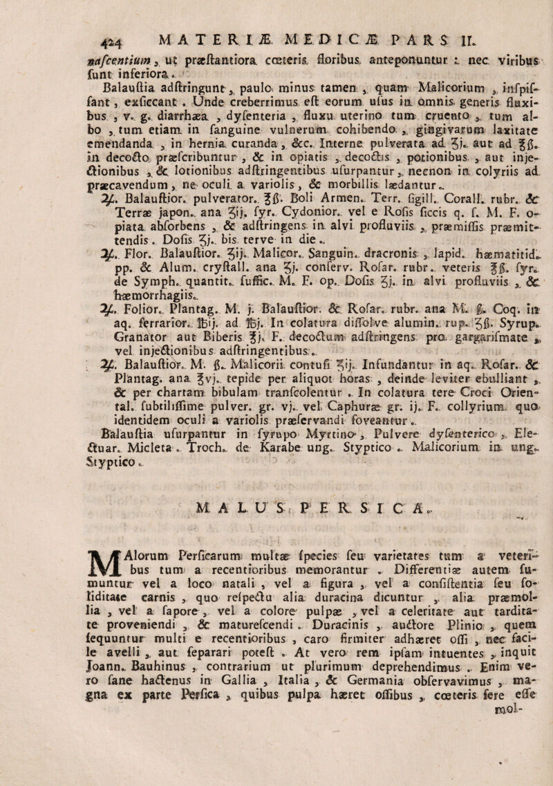 mfce.ntium y ut praeftantiora ccsterii floribus, anteponuntur i nec viribus funt inferiora. Balauftia adftringunt 5 paulo, minus tamen quam Malicorium r i-nfpif- fant, ex liceant . Unde creberrimus eft eorum ufus in omnis generis fluxi¬ bus 5 w g. diarrhaea > dyfenteria , fluxu uterino tun* cruento y tum al¬ bo 3 tum etiam; in fanguine vulnerum cohibendo . gingivarum laxitate emendanda , in hernia curanda , &c. Interne puLverata ad 3j* aut ad gfl. In deco&o prsefcribuntur , 8c in opiatis decodhs , potionibus , aut inje¬ ctionibus lotionibus adfttingentibus ufurpantur ,, neenon in colyriis ad praecavendum, ne* oculi a variolis, 6c morbillis laedantur.. Balauftior. pulverator, f fi. Boli Armen., Terr. figilL Cora 11. rubr. Sc Terrae japon., ana Jij. fyr. Cydotiior. vel e Rofis ficcis q. f. M. F. o- piata abforbens , & adftringens, ia alvi profluviis * praeruiffis promit¬ tendis . Dofis 3j« bis terve in die.. Flor. Balauftior. 31)» Malicor.. Sanguin. dracronis y lapid. hae mati tid^ pp. Sc Alum, cryftall. ana 3f conferv. Rofar. rubr. veteris fyr», de Symph. quantit. fufik. M. F. op. Dofis 31« in alvl profluviis , 8c traemorrhagiis*. Polior.. Plantag. M. }. Balauftior. <5c Rofar. rubr. ana M. £. Coq. it» aq. ftrrarior. Ifcij. ad In colatura diffolve alumin. rup. 3fi* Syrup. Granatpr aut Biberis F. decoclam adftringens pro. gargarifmate vel inje&jonibus adftringentibus» 2£. BalauftioX M. fi.. Malicorii contufi Infundantur in aq. Rofar. St' Plantag. ana Jvj.. tepide per aliquot horas , deinde leviter ebulliant £c per chartam bibulam tranfcolemur ... In colatura tere Croci Orien- tah fubtiliflime pulver, gr. vj., vel. Caphurae gr. ij. F., collyrium qua identidem oculi a. variolis praefervandi foveantur. Balauftia ufurpantur in fyrupo Myrtino, Pulvere iy [enterico , Ele- Cluar., Micleta . Troch. de Karabe ung.. Styptico Malicorium im ung„ Styptico«, M A L U S P E R S I C A. M Alorum Perficarum multsr (pedes fem varietates tum a veterP bus tum a recentioribus memorantur .. Differentiae autem fu* muntur vei a loco natali , vel a figura vef a confidentia feu fo- tiditate carnis , quo refpe&u alia duracina dicuntur alia praemol- lia , vel a fapore , vel a colore pulpas , vel a celeritate aut tardita¬ te proveniendi ?! Sc maturefeendi ... Duracinis audtore Plinio , quem lequuntur multi e recentioribus , caro firmiter adhaeret ofli , nec faci¬ le avelli „ aut feparari poteft .. At vero rem ipfarrt intuetites >. inquit foann., Bauhinus ,, contrarium ut plurimum deprehendimus .. Enim ve¬ ro fane hadtenus in Gallia , Italia , & Germania obfervavimus , ma¬ gna ex parte Perfica quibus pulpa haeret oflibus „ cce teris fere elfe mol-