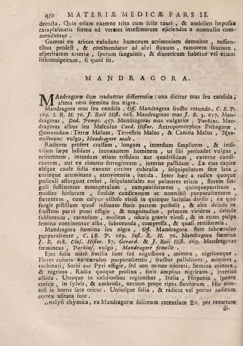 4jo MATERIi MEDICI PARS 11 decoda. Quin etiam externe trita cum felle tauri , Sc umbilico impofit* cataplafmatis forma ad versnes inteftinorum ejiciendos a nonnullis com¬ mendantur . Gummi ex arbore exfudans humorum acrimoniam demulcet , tufllen- tibus prodeft , Sc commendatur ad alvi fluxum , tumorem faucium , afperitatem arteriae , fputum fanguinis , & diureticum habetur vel etiam iithontripticum 5 fl quod fit. MANDRAGORA. MAndragorae duae traduntur differentiae: una dicitur mas feu candida * altera vero fcemina feu nigra. Mandragora mas feu candida , Off. Mandragora frudu rotundo, C. B.T. 169, L R. H. 76. J. Raii Hifl. 66S. Mandragoras mas /. B. 3. 617. Man¬ dragoras , Dod. Tempt. 457. Mandragoras mas vulgatior . Varkins. Man¬ dragoras albus feu Mafculus Cord. Hiftor. Antropomorphos Pithagorae , Quorumdam : Terrae Malum , Terreftris Malus , Sc Canina Malus , “1Rpn* nullorum: vulgo, Mandragore male . Radicem profert craflam , longam , interdum flmplicem , Sc indi- vifam faepe bifidam , incoxantem hominem , ut fibi perfuadet vulgus , referentem , interdum /etiam trifidam aut quadrifidam , externe candi¬ cantem, aut ex cinereo ferrugineam , interne pallidam^ Ex ejus capite abfque caule folia exeunt circiter cubitalia , fefquipatmum fere lata , tstrinque acuminata , atrovirentia , foetida . Inter haec a radice quoque pediculi afifurgunt crebri , fefquiunciales aut palmares etiam , florem An¬ guli fuftinentes monopetalum y campaniformem , quinquepartitum , modice hirfutum , fordide candicantem ac nonnihil purpurafeentem , foetentem , cum calyce villofo viridi in quinque lacinias divifo ; ex quo furgit piftillum quod infimam floris partem perfodit , Sc abit deinde in frudum parvi pomi effigie , Sc magnitudine , primum viridem , deitide fubluteura , carnofum , mollem , odoris gravis virofi , Sc in cujus pulpa femina continentur alba, fubrotunda, compreffa, Sc quafi reniformia. Mandragora foemina feu nigra , Off. Mandragora flore fubcaeruleo pprpuralcente , C. (B. T. 169, Infl. R, H. 76. Mandragora fcemina J. B. 618. Olufl Hi flor. 87. Gerard. Sc J. Raii Hifl. 669. Mandragoras foemineus , Varkinf. vulgo , Mandragore femelle . Ejus folia miri fimilia funt fed angufiiora , minora , nigrioraque . Flores coloris #x caeruleo purpurafeentis ; frudus pallidiores , minores , Turbinati; Sorbi aut Pyri effigie, fed non minus odorati. Semina minora, Sc nigriora . Radix quoque prolixa , foris amplius nigricans , interius albida . Utraque in calidioribus regionibus , Italia , Hiipania , fponte crefcit, in fylvis, Sc umbrofis, necnon prope ripas fluviorum . Hic non- 'nifi in hortis fata oritur . Utriufque folia , Sc radices vel potius radicum cortex ufltata funt. Analyfi chymica, ex Mandragorae foiiorum recentium Jbv. per retortam . ' di-