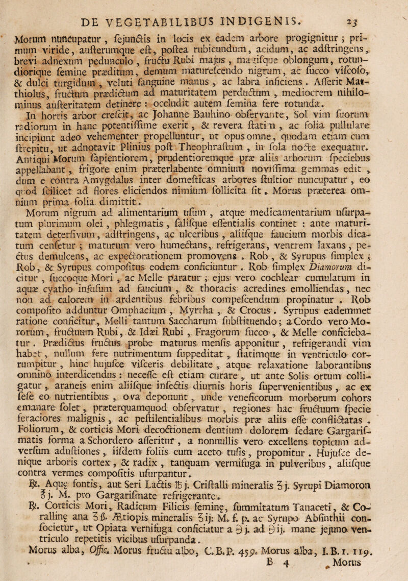 Morum nuncupatur , fejundis in locis ex eadem arbore progignitur ; pri¬ mum viride, aufterumque eft, poftea rubicundum, acidum, ac adftringens, brevi adnexum pedunculo, frudu Rubi majus, rtiagifque oblongum, rotun- diorique femine praeditupi, demum maturefcendo nigrum , ac fucco vifcofo, & dulci turgidum , veluti. fanguine manus , ac labra inficiens . Afferit Mat- thiolus, frudum prasdi&ucn ad maturitatem perdudum , mediocrem nihilo¬ minus aufteritatem detinere .r occludit autem femina fere rotunda . In hortis arbor creicit, ac Johanne Bauhino obfervante, Sol vim fuorttm r2 diorum in hanc pptentiffime exerit, & revera ftatim ac folia pullulare incipiunt adeo vehementer propelluntur , ut opus omne, quodam etiam cum ftrepitu, ut adnotavit Plinius poft Theophraftum , in foh node exequatur. Antiqui Morum fapientiorem, prudentioremque prx aliis arborum fpeciebus appellabantfrigore enim praterlabente omnium noviflima gemmas edit , dum e contra Amygdalus inter domefHcas arbores ftultior nuncupatur , eo quod fcilicet ad flores eliciendos nimium follicita. fit e. Morus pmerea om¬ nium prima folia, dimittit Morum nigrum ad alimentarium ufiim , atque medicamentarium ufurpa- tum plurimum olei , phlegmatis , falifque eflentialis continet : ante maturi¬ tatem deterfivum, adftringens, ae ulceribus , aliifque faucium morbis dica¬ tum cenfetur ; maturum vero humedans,, refrigerans, ventrem laxans, pe- dus demulcens, ac expedorationetn promovens * Rob , & Syrupus fimplex * Rob, & Syrupus compefttus eodem conficiuntur . Rob fimplex Diurnorum di¬ citur , fuccoque Mori , ac Meile paratur y ejus vero cochlear cumulatum in aqux cyatho infufum ad faucium & thoracis acredines emolliendas, nec non ad calorem in ardentibus febribus compefcendum propinatur .. Rob compofito adduntur Omphaciunr, Myrrha , & Crocus . Syrupus eademmet ratione conficitur . Melli tantum Saccharum fubftituendo; a Cordo vero Mo¬ rorum, fruduum Rubi, & Idari Rubi , Fragorum fucco , & Melie conficieba¬ tur . Prasdidus frudus probe maturus menfis apponitur , refrigerandi vini habet , nullum fere nutrimentum fuppeditat 5, ftatimque in ventriculo cor¬ rumpitur , hinc hujufce vifceris debilitate , atque relaxatione laborantibus omnino interdicendus : neeeffe eft etiam curare , ut ante Solis ortum colli¬ gatur , araneis enim aliifque infedis diurnis horis fupervenientibus , ac ex fefe eo nutrientibus , ora deponunt,, unde veneficorum morborum cohors emanare folet, praterquamquod obfervatur , regiones hac fruduum fpecie feraciores malignis , ac peftilentialibus morbis prx aliis efle conflidatas - Foliorum, & corticis Mori decodionem dentium dolorem fedare Gargarif- matis forma a Schordero afleritnr, a nonnullis vero excellens topicum ad- verfum aduftiones , iifdem foliis cum aceto tufis, proponitur . Hujufce de¬ nique arboris cortex, & radix , tanquam vermifuga in pulveribus, aliifque contra vermes compofitis ufurpantur. fy* Aquy fontis, aut Seri Ladis Ibj. Criftalli mineralis 5 j. Syrupi Diamoron §j. M. pro Gargarifmate refrigerante. ty. Corticis Mori, Radicum Filicis feminy, iummltatum Tanaceti, 8c Co- rallinf ana 5 & iEtiopis mineralis 5 ij: M. f. p. ac Syrupo Abfinthii con- focietur, ut Opiata verni&ga conficiatur a B b ad 9 i j. mane jejuno ven¬ triculo repetitis vicibus ufurpanda. Morus alba, Offis» Morus ftudualbo, CVB.P. 459« Morus alba, LB. 1. 119.