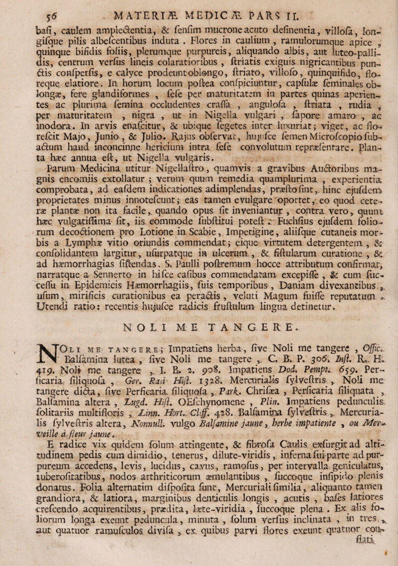 bafi, caulem ampledentia, & fenfim mucrone acuto delinentia, vlllofa, ion- gifque pilis albescentibus induta . Flores in caulium , ramulorumque apice 3 quinque bifidis foliis, plerumque purpureis, aliquando albis, aut luteo-pal li- dis, centrum verfiis lineis colaratioribus , ftriatis exiguis nigricantibus pun« dis confperfis, e calyce prodeunt oblongo, ftriato, villofo, quinquifido, Eo- reque elatiore . Ia horum locum poftea confpiciuntur, capfula? feminales ob¬ longae, fere glandiformes , fefe per maturitatem in partes quinas aperien¬ tes ac plurima femina occludentes crafla , angulofa , ftriata , rudia , per maturitatem , nigra , ut in Nigella vulgari , Spare amaro , ac inodora. In arvis enafcitur, & ubique fegetes inter luxuriat; viget, ac Eo- refcit Majo, Junio , & Julio. Rajus obfervat, hujf fce femenMicrofcopiofuh- adum haud inconcinne hericium intra fefe convolutum reprafentare. Plan¬ ta hac annua eft, ut Nigella vulgaris. Parum Medicina utitur Nigellaftro, quamvis a gravibus Audoribus ma¬ gnis encomiis extollatur ; verum quum remedia quamplurima , experientia comprobata, ad eafdem indicationes adimplendas, praftofint 5 hinc ejufdem proprietates minus innotefcunt; eas tamen evulgare oportet, eo quod cete¬ ra planta non ita facile,, quando opus fit inveniantur , contra vero, quum hac vulgatiffima fit, iis commode iubftitui poteft Fuchfius ejufdem folio¬ rum decodionem pro Lotione in Scabie, Impetigine, aliifque cutaneis mor¬ bis a Lymphx vitio oriundis commendat; eiqtie virtutem detergentem , & confpiidantem largitur, ufurpatque in iilcerum , & fiftularum curatione , 8c ad hamorrhagias fiftendas. $, Paulli poftremum hocce attributum confirmat, narratque a Sennerto in hi fce cafibus commendatam excepifte , & cum ftic- cefiii in Epidemicis Hvmorrhagiis, fuis temporibus , Daniam divexantibus,^ ufum,, mirificis curationibus ea peradis , veluti Magum fuifie reputatum ». Utendi ratio: recentis hnjufee radicis fruftulum lingua detinetur. N O L I: M; E T A, N. G E R E', NOli me tangere; Impatiens herba, five Noli me tangere , Offic», Ballamjna lutea , five Noli me tangere C. B. P. 306. Inii. R.; FL 419. Noli me tangere; , I. B. 2. 908. Impatiens Dod. Pempt. 659. Pe r- ficaria, filiquofa , Ger. Rair Bfi. 1328* Mercurialis fylveftris., Noli me. tangere dida, five Ferfiearia, filiquofa , Park. Chrifea , Perficaria filiquata 5 Balfamina altera , Lugd. Bfl. OEfchynomene , Plin. Impatiens pedunculis folitariis multifloris Linn. Horto, Ghff. 428. Balfamim fylveftris , Mercuria¬ lis fylveftris altera, Nonnulh vulgo Balfamine jaum3 berbe impatiente , m Mer* veille d. fieur jaune ... E radice vix quidem folurn attingente, & fibrofa Caulis exfurgkad alti¬ tudinem pedis cum dimidio , lenerus, dilute-viridis inferna fiii parte ad pur¬ pureum accedens, levis, lucidus, cavus, ramofus, per intervalla geniculatus, tuberofitatibus, nodos arthriticorum amulantibus , fuccoque infipido plenis donatus . Folia alternarim difpofita fune, Mercuriali fimilia, aliquanto tamen grandiora, & latiora, marginibus denticulis longis , acutis , bales latiores crefcendo acquirentibus, praedita, 1 ate-viridia , fuccoque plena . Ex alis fo¬ liorum longa exeunt peduncula, minuta , folum verfus inclinata , in tres aut Quatuor raraufculos. divifa , ex. quibus parvi Eores exeunt quatuor cqi**