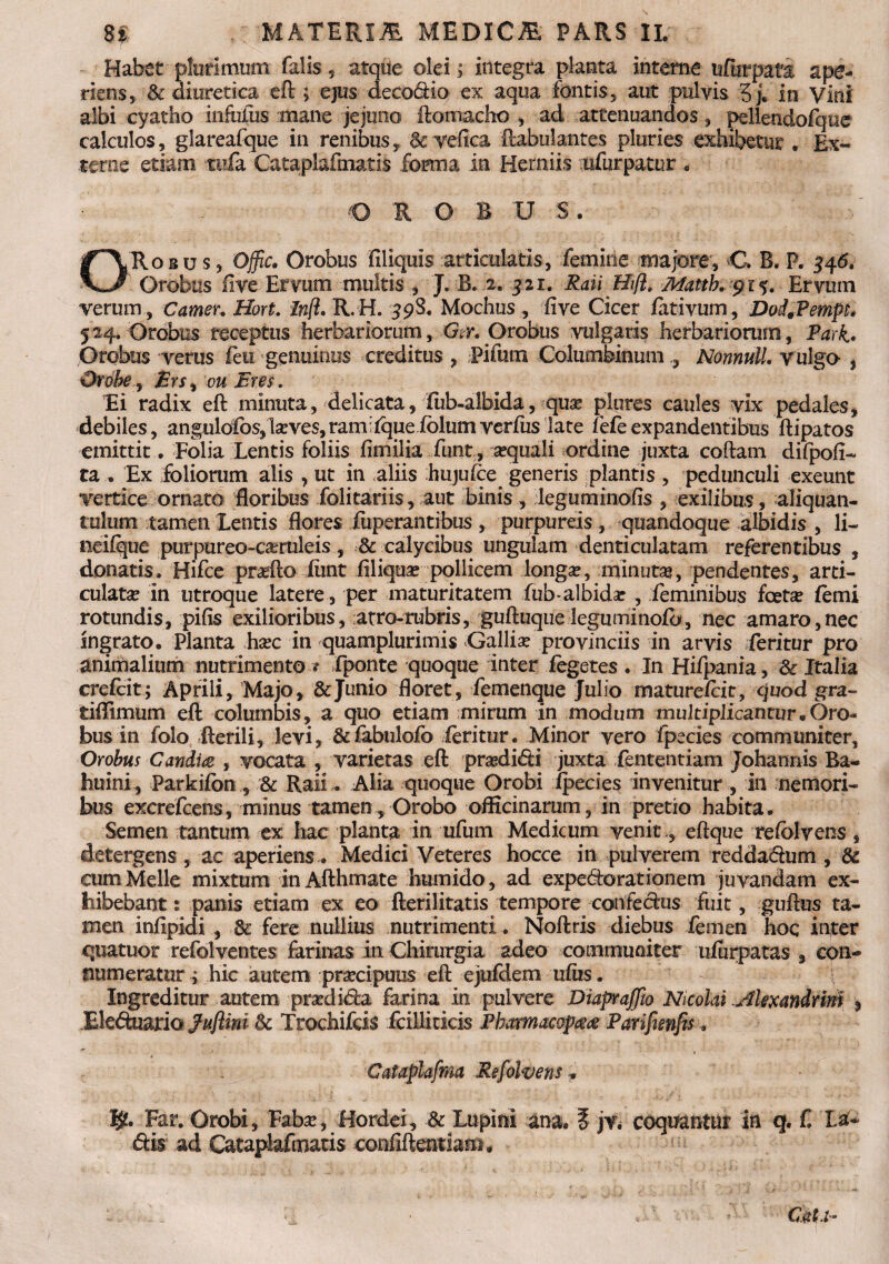 Habet plurimum falis , atque olei; integra planta interne uftirpafa ape¬ riens, Sc diuretica eft ; ejus decorio- ex aqua fontis, aut pulvis 3j. in Vini albi cyatho infufus mane jejuno ftomacho , ad attenuandos, pellendofque calculos, glareafque in renibus, Sc vefica .ftabulant.es pluries exhibetur . Ex¬ terne etiam tufa Cataplafmatis forma in Herniis nfurpatur * €> R O R U S. ORobus, Qffic. Orobus filiquis articulatis, femine majore, C B. P. 346. Orobus live Ervum multis , J. B. 2. 421. Rati Hift. Afattb. gi$. Ervum verum , Camer. Hort. Infl. R. H. 398. Mochus , five Cicer (ativum, Dod9Pempi. 524. Orobus receptus herbariorum, Xhr. Orobus vulgaris herbariorum, Park. Orobus verus feu genuinus creditus , Pifum Columbinum , Nonnull. vulgo , Orche, Ers, ou Eres. Ei radix eft minuta, delicata, ffib-albida, qua? plures caules vix pedales, debiles, angul0lbs,lseves,ramtqueiblumverfus late fefeexpandentibus ftipatos emittit. Folia Lentis foliis fimilia funr, sequali ordine juxta coftam difpofl- ta . Ex foliorum alis , ut in aliis huju(ce generis plantis , pedunculi exeunt vertice ornato floribus folitariis, aut binis, leguminofis , exilibus, aliquan¬ tulum tamen Lentis flores fuperantibus , purpureis , quandoque albidis , li- neiique purpureo-ca?ruleis, & calycibus ungulam denticulatam referentibus , donatis. Hifce prarfto iiint filiqua? pollicem longa?, minuta?, pendentes, arti¬ culata? in utroque latere, per maturitatem fub-albida? , feminibus foeta? (emi rotundis, pifis exilioribus, atro-rubris, guftuque leguminolo, nec amaro,nec ingrato. Planta ha?c in quamplurimis Gallia provinciis in arvis feritur pro animalium nutrimento * fponte quoque inter fegetes . In Hifpania, & Italia crefeit; Aprili, Majo, & Junio floret, femenque Julio matureicit, quod gra- tiflimum eft columbis, a quo etiam mirum in modum multiplicantur.Oro- bus in folo fterili, levi, &fabulofo feritur. Minor vero fpecies communiter, Orobus Candi^ , vocata , varietas eft prasdidi juxta fententiam Johannis Ra- huini, Parkifon , & Raii . Alia quoque Orobi fpecies invenitur, in nemori¬ bus excrefcens, minus tamen, Orobo officinarum, in pretio habita. Semen tantum ex hac planta in ufum Medicum venit ., eftque refblvens, detergens, ac aperiens. Medici Veteres hocce in pulverem reddadum , & cum Melie mixtum inAfthmate humido, ad expedo rationem juvandam ex¬ hibebant * panis etiam ex eo fterilitatis tempore confectus fuit, guftus ta¬ men infipidi , fere nullius nutrimenti. Noftris diebus femen hoc inter qtiatuor refolventes farinas in Chirurgia adeo communiter ufurpatas , con¬ numeratur ; hic autem praecipuus eft ejufdem ufus. Ingreditur autem prasdida farina in pulvere Diaprajjio Nicolai Alexandrini 3 Eleduario Juftim <k Trochifcis feilliticis Phamacop^ Parifimfts. Cateplafma Refolvens Far. Orobi, Faba?, Hordei, & Lupini ana. ? jv. coquantur in q. f dis ad Cataplafmatis confidentiam.