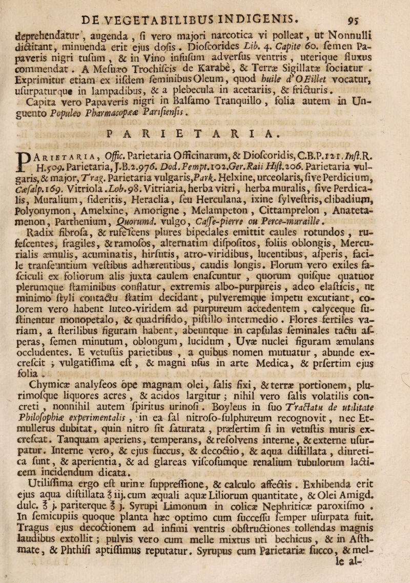 deprehendaturaugenda , fi vero majori narcotica vi polleat, ut Nonnulli divitant, minuenda erit ejus dofis . Diofcorides Lih. 4. Capite 60. femen Pa¬ paveris nigri tufum , 3c in Vino infufum adverfus ventris , uterique fluxus commendat. A Mefuaeo Trochifcis de Karabe, Sc Terrae Sigillata fodatur . Exprimitur etiam ex iifdem /eminibusOleum, quod buile dy OEHllet vocatur, ufurpaturqu* in lampadibus, & a plebecula in acetariis, &friduris. Capita vero Papaveris nigri in Balfamo Tranquillo, folia autem in Un¬ guento Popako Pharmacopee& Panfienfis. parietaria, P Arietaria, Offic. Parietaria Officinarum, & Diofcoridis, C.B.P.I a iJnft. R. H.fop»Parietaria, J.B.2.97<5. Dod.Pempt.ioiJJer.Raii Hijl.zoS. Parietaria vul¬ garis, & major, T rag. Parietaria vulgaris,Helxine, urceolaris, fi ve Perdicium, Coefalp. 16g. Vitriola.Lob. 98. Vitriaria, herba vitri, herba muralis, five Perdica¬ lis, Muralium, fideritis, Heraclia, feu Herculana, ixine fylveftris,clibadiuin, Polyoiiymon, Amelxine, Amorigne , Melampeton , Cittamprelon , Anateta- menon, Parthenium, Quorumd. vulgo, Caffe-piene ou Perce-muraille. Radix fibrofa, 8c rufelcens plures bipedales emittit caules rotundos , ru- fefcentes, fragiles, &ramofos, alternarim difpofitos, foliis oblongis, Mercu¬ rialis amulis, acuminatis, hirfutis, atro»viridibus, lucentibus, afperis, faci¬ le tranfeuntium veftibus adhaerentibus, caudis longis. Florum vero exiles fa- iciculi ex foliorum alis juxta caulem enafcuntur , quorum quifque quatuor plerumque flaminibus conflatur, extremis albo-purpureis , adeo elaflicis, nt minimo ftyli contagii flatim decidant, pulveremqi^e impetu excutiant, co¬ lorem vero habent luteo-viridem ad purpureum acbedentem , calyceque fu- flinentur monopetalo, & quadrifido, piflillo intermedio. Flores fertiles va¬ riam , a fterilibus figuram habent, abeuntque in capfulas feminales tadu at peras, femen minutum, oblongum, lucidum , Uvas nuclei figuram aemulans occludentes. E vetuftis parietibus , a quibus nomen mutuatur , abunde ex- crefcit ^ vulgatiflima eft , & magni ufus in arte Medica* & prfertim ejus folia . Chymicae analyfeos ope magnam olei, falis fixi, & terrae portionem, plu- rimofque liquores acres , & acidos largitur j nihil vero falis volatilis con¬ creti , nonnihil autem fpirirus urinofi . Boyleus in fuo Tra&atu de utilitate Philofophia experimentalis , in ea fal nitrofo-fulphureum recognovit, nec Et- mullerus dubitat, quin nitro fit faturata , praefertim fi in vetuftis muris ex- crefcat. Tanquam aperiens, temperans, &refolvens interne, & externe ufur- patur. Interne vero, & ejus fuccus, & decodio, & aqua diftillata, diureti¬ ca funt, & aperientia, & ad glareas vifcofumque renalium tubulorum ladi- cem incidendum dicata. Utilifiima ergo eft urlnr fuppreffione, & calculo affedis . Exhibenda erit ejus aqua diftillata t iij.cum aequali aquae Liliorum quantitate, &01eiAmigd. dulc. i j. pariterque 3 j. Syrupi Limonum in colica Nephritica paroxifmo . In femicupiis quoque planta haec optimo cum fucceffu Femper ufurpata fuit. Tragus ejus decodionem ad infimi ventris obftrudiones tollendas magnis laudibus extollit; pulvis vero cum meile mixtus uri bechicus, & in Afth- snate, & Phthifi aptiflimus reputatur. Syrupus cum Parietaria? fucco, & mei¬ le al-