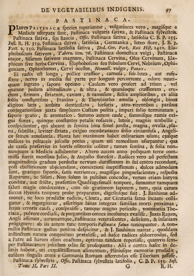 pastinaca. PLure» Pastinaca fpecies reperiimtur, vulgatiores vero, magifque a Medicis ufurpata? funt, Paftinaca vulgaris fativa, & Paftinaca fylveftris. Paftinaca fativa, feu Baucia , Offic. Paftinaca fativa , latifolia C. B. P. 15*. Znjl R. H. 319. Paftinaca fativa , latifolia , Germanica , luteo flore, J. B. 3* Paft. 2. 150. Paftinaca latifolia fativa , Dod.Ger. Pavk- Raii Hift. 1410. Ela- phobofcum fativum , Tabern. icon. 76. Paftinaca domeftica vulgi , Paftinaca major, Sifaram fativum magnum, Paftinaca Cervina, Olus Cervinum, Ela- phicon fi ve herba Cervina, Elaphobofcon feu Pabulum Cervi, Nebrium,Ophi- genium, Gphio&onon, Cervi ocellus, NonnulL vulgo, Panais. Ei radix eft longa , pollice craffior , carnofa, fub-lutea, aut rufe- fcens , nervo in media fui parte per longum percurrente , odore neuti- quam ingrato , fapore optimo . Caulem vero profert ad trium , vel quatuor pedum altitudinem , & ultra , & quandoque crafliorem , ere¬ dum , firmum , fkiatnm, cavum , & ramofiim , foliis amplioribus, ex aliis foliis conflantibus , Fraxino , & Therebintho semulis , oblongis , binos digitos latis , ambitu denticulato , hirfutis , atro - virentibus ; paribus conjugationibus juxta fimplicem Coftam pofitis , impari folio terminatam , fapore grato , aromatico . Summo autem caule , fummifque ramis exi¬ gui flores , quinque conflantes petalis rofaceis, luteis, magnis umbellis , confpiciuntur, qui abeunt in femina bina fimul jun&a, magna, ovalia,pla¬ na , fubtilia, leviter ftriata, exiguo membranaceo folio circumfufa , Angeli¬ cas femen aemulantia. Planta haec maximum habet culinarium ufum; ejufquc radices in pultaceis jufculis potius , quam uti remedium ufurpantur j qua de caufa pradertim in hortis olitoriis colitur ; tamen femina, & folia non- nunquam a Medicis adhibentur . Altero autem anno poftquam terras com- •miffa fiicrit menfibus Julio , & Augufto florefcit. Radices vero ad perfe&um magnitudinis gradum perductas nervum duriflimum in fui centro recondunt, poft ebullitionem abjiciendum, comextioni ineptiflimum ; dulces admodum funt, gratique faporis, fatis nutrientes, magifque pinguefacientes , refpe&u Raparum, ac Sifari. Non folum in pultibus conco&as, verum etiam butyro eonditx, aut fri&ae, prsefertim Qpadragefimali tempore, fumuntur tamquam faluti magis ^ conducentes , cum ob gratiorem faporem , tum, quia earum Succus Hyemis tempore probe praeparatus, digeftufque fuit. J. Bauhinus ad¬ monet, ne loco prasdidas radicis, Cicuta, aut Cicutaria fatua incaute colli¬ gatur , &: ingurgitetur , afleritque binas integras familias morti proximas , hujus erroris caufa , confpexifle , tamque magno periculo , vomitoriis The- riaca , pulvere cordiali, & purgantibus omnes incolumes evafifle. JuxtaRajum, Angli afferunt, autumantque,Paftinacas veterafcentes, delirium, &infamam progignere; ab iis autem tunc temporisPaftinaca fatua nuncupantur. A non¬ nullis Paftmacas guflus penitus defpicitur, & J. Bauhinus narrat, quoddam inftin&um naturae congenitum prastulifle, ad hafce radices abhorrendas, fed a Patre ad harum efum coadum , optimas tandem reperiifle, quamvis fetn- per Paftinacarum jufculutn odio fit profequutus . Alii e contra hafce in de- litiis habent, uti exquifitillimum alimentum, Pliniufque memoriae prodidit , eafdem Angulis annis e Germania Romam afferrendas efle Tiberium juflifle. Paftinaca fylveftris , Offic, Paftinaca fylYeftris latifolia , C B. P. iff» inft. Tomi 11. Pars IL Q R. H»