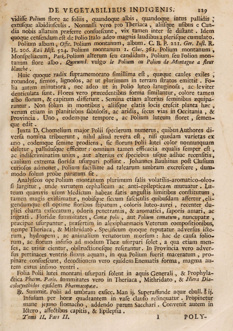 Vidiffe Polium flore ac foliis , quandoque albis , quandoque intus pallidis J extufque albidiufculis „ Nonnulli vero pro Theriaca , aliifque ufibus e Can- dia nobis allatum proferre confuefcunt, vix tamen inter (e diftant . Idem quoque cenfendumefl de Polio Italo adeo magnis laudibus a plerifque cumulato. Polium album, Offic. Polium montanum, album. C. B. P. 221. Ger. Infi. R. H. 206. Raii Hifl. 524. Polium montanum 1. Cius. 361. Polium montanum , Monfpeliacum, Pari.Polium alterum feu candidum, Polium feu Polion mon¬ tanum flore albo. Quommi. vulgo le Polium ou Polion de Montagne a fieur blancbe . Huic quoque radix fupramemorato fimiflima efl:, quaque caules exiles “ rotundos, firmos, lignofos, ac ut plurimum in terram ftratos emittit . Fo¬ lia autem minutiora , nec adeo ut in Polio luteo lanuginofa , ac leviter denticulata funt. Flores vero praecedentibus forma fimilantur, colore tamen albo florum, & capitum differunt. Semina etiam alterius feminibus sequipa- rantur . Non folum in montibus, aliifque elatis locis crefcit planta h ax „ verum etiam in planitiebus fabulofis, ac aridis, fecus vias in Occitania , 8c Provincia* Uno, eodemque tempore, ac Polium luteum floret, femen¬ que edit-. Juxta D. Chomelium major Polii fp e clerum numerus, quibus Authores di** verfa nomina tribuerunt , nihil aliud revera efl: , nifi quadam varietas ex uno , eodemque femine prodiens , fle florum Polii lutei color nonnunquam deletur , pallidufque efficitur: omnium tamen efficacia aqualis femper efl , ac indiferiminatim unius , aut alterius ex fpeciebus ufque adhuc recenfltis, caulium extrema florida uflirpari poflimt . Johannes Bauninus gofl Clufium curiofos admonet, Polium facillime ad talearum umbram excrefcere , dum¬ modo Folum probe paratum fit . Analyfeos ope Polium montanum plurimum falis volatilis-aromatico-oleo- fi largitur , unde vmutem cephalicam ac anti-epilepticam mutuatur . Lu¬ teum quamvis ufum Medicum habeat fatis anguftis limitibus conftitutum s tamen magis exiflimatur, nobifque ficcum fafciculis quibufdam affertur, eli- gendumque efl optime floribus ftipatum , coloris luteo-aurei , recenter du¬ plici charta exficcatum, odoris penetrantis, & aromatici, faporis amari, ac ingrati . Floridae fummitates , Coma polii , aut Polium comatum, nuncupatae , praecipue ufurpantur, praefert i m in alexipharmacis Veterum compofitionibus, nempe Theriaca, & Mithridato . Specificum quoque reputatur adverfus ide- rum , hydropem , ac animalium venatorum morfum : hac de caufa folio¬ rum , ac florum infufio ad modum The se uflirpari fblet, a qua etiam men- fes, ac urinae cientur, obftrudionefque referantur. In Provincia vero adver¬ fus pertinaces ventris fluxus aquam, in qua Polium fuerit maceratum , pro¬ pinare confliefcunt, decodionem vero ejufdemEnematis forma, magma au¬ tem extus infimo ventri. Folia Polii lutei montani uflirpari folent in aquis Generali , & Prophyla- dica Pharm. Paris. kirnmitates vero in Theriaca , Mithridato , & Hiera Dia- zolocynthidos ejufdem Pharmacopa#. ty. Summit. Polii ad umbram exficc. Man ij. Superaflunde aquse ebuli. ? ij. Infufum per horse quadrantem in vafe claufo relinquatur . Prbpinetur mane jejuno ftomacho , addendo parum Sacchari. Convenit autem in Idero, affedibus capitis, & Epilepfia .