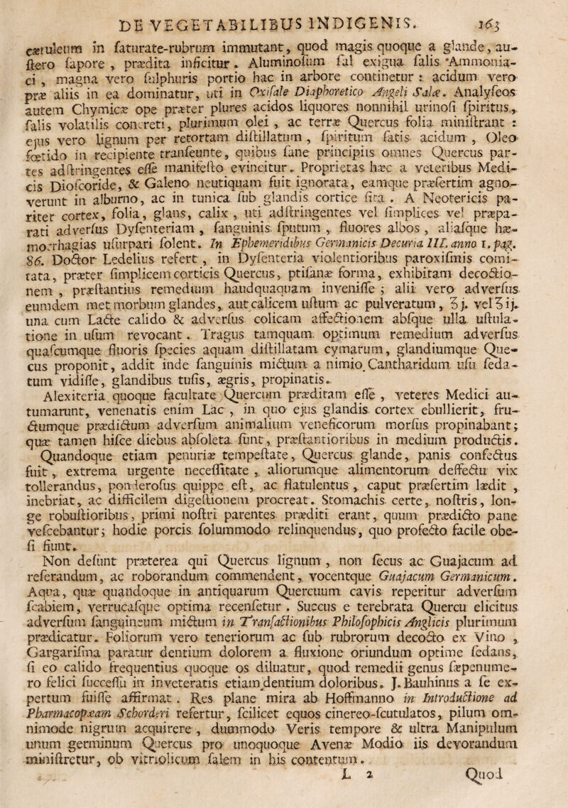 c^rulenm in faturate-rubrurn immutant, quoci magis quoque a glande, au- flero fapore , praedita inficitur. Aluminofum fal exigua falis •Ammonia- ci , magna vero felphuris portio hac in arbore continetur : acidum vera prje aliis in ea dominatur, uti in Oxi fal e Diaphoretico Angeli SaU. Analyfeos autem Chymice ope prater plures acidos liquores nonnihil urinofi fpiritus, falis volatilis concreti', plurimum olei , ac terrajqQuercus folia miniftrant : ettis vero lienum per retortam diftii latum , fpiritum fatis acidum Oleo fetido in recipiente tranfounte, quibus fane principiis ornnes Quercus par¬ tes adftringentes. cffc manifolio evincitur* Proprietas, haec: a veteribus Medi¬ cis Diofcoride, & Galeno neutiquam fuit ignorata, eamque prasfortinr agno¬ verunt in alburno, ac in tunica, fub glandis cortice iita.. A Neotericis pa¬ riter cortex, folia, glans, calix uti adftringentes vel ftmplices vel prsepa- rati adverfujs Dyfenteriam , fanguinis fputum , fluores albos , aliafque tee- morrhagias ufurpari folent. In Ephemeridibus Germanicis Decuria IIT, anno i.Pag. $6. Rodior Ledelius refert , in Dyfenteria violentioribus paroxifmis comi¬ tata, praeter- fimplicemcorticis Quercus,, ptifana forma, exhibitam decodio- nem , praftantius remedium haudquaquam inyeniflfe ; alii: vero adverfus eumdem met morbum glandes, aut calicem ullum: ac pulveratum, 5 j. vel 5 i j- una cum Lade calido & adverfus colicam affedionem abfque ulla, uftula- tione in ufutn revocant. Tragus tamquam, optimum remedium adverfus quafcumque fluoris fpecies aquam diftiliatam cymarum, glandiumque Que- cus proponit, addit, inde fanguinis mictum a nimio.Cantharidum, ufu feda¬ tum yidifle, glandibus tufis, aegris,, propinatis. Alexiteria quoque facultate Quercum praediram ede , veteres Medici au¬ tumarunt, venenatis enim Lac , in quo ejus, glandis cortex ebullierit, fru- dtumque prardidum adverfum animalium veneficorum morius propinabant; quae tamen hifce diebus abfoleta fiint, praftantionbus in medium, productis. Quandoque etiam penuriae tempeflate, Quercus glande, panis confedus fuit, extrema urgente neceflitate ,, aliorumque alimentorum deffedu vix tollerandus, ponierofus quippe eft, ac flatulentus ,. caput prafertim laedit , inebriat, ac difficilem digeftionem procreat. Stomachis certe, noftris, lon¬ ge robuflioribus, primi noftri parentes, praediti erant, quum pnedido pane vcfcebantur; hodie porcis folummodo relinquendus, quo profedo facile obe- fi fiunt» Non defimt praeterea qui Quercus lignum , non focus ac Guajacum ad referandum, ac roborandum commendent, vocentque Guajacum Germanicum. Aqua, qua? qugndoque in antiquarum Quercuum cavis repentur adverfiim fcabiem, verrucafque optima recenfetur . Succus e terebrata Quercu elicitus adverfiim fanguineuoi midum in l^ranfactionibus Philofophicis Angiitis plurimum praedicatur. Foliorum vero teneriorum ac fub rubrorum decodo ex Vino , Gargarifma paratur dentium dolorem a. fluxione oriundum optime fodans, (i eo calido frequentius quoque os diluatur,, quod remedii genus flepenume- ro felici fucceflii in inveteratis etiam dentium doloribus. J.Bauhinus a fe ex¬ pertum fui fle affirmat . Res plane mira ab Hoflfmanno in Introductione ad Pbarmacopmm Seborderi refertur, fcilicet equos cinereo-fcutulatos, pilum om¬ nimode nigrum acquirere , dummodo Veris tempore & ultra Manipulum unum germinum Quercus pro unoquoque Avenae Modio, iis devorandum miniftretur, ob vitnolicum falern in bis contentiun. JL 2 Quod v*