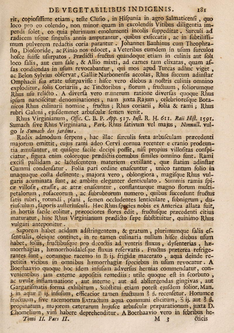 rit, Copiofiffime etiam , tede Clufio , in Hifpania in agro Salmaticenfi , quo loco pro eo colendo, non minor quam in excolendis Vitibus diligentia im¬ pendi folet, eo quia plurimum emolumenti incolis fuppeditat Surculi ad radicem ufque lingulis annis amputantur, quibus exficcatis , ac in fubtiliffi- mum pulverem redadis coria parantur . Johannes Bauhinus cum Theophra- do, Diofcoride, ac Plinio nos edocet, a Veteribus eumdem in ufum furculos hofce fuifle ufurpatos . Prodidi Trudus quandoque etiam in culinis aut foli loco falis, aut cum fale , & Allio mixti, ad carnes tam elixatas, quam af- fas condiendas in ufum revocabantur , qui mos apud Tureas adhuc viget , ac Belon Sylvius obiervat, Gallia?Narbonenfis accolas, Rhus fiicctim adindar Omphacii fiia otate ufiirpavifle : hiice vero diebus a nodris culinis omnino exploditur, fblis Coriariis , ac Tindoribus , florum , fruduum , foliorumque Rhus ufu relido . A diverfa vero munerum ratione diverfas quoque Rhus ipfum nancifcitur denominationes , nam juxta Rajum , celebriorefque Bota- nicos Rhus culinarii nomine , frudus ; Rhus coriarii, folia & rami j Rhus rubri Galeni, ejufdemmet arbufculo femen venit. Rhus Virginianum, Offic. C. B. P. sfpp. 517. Infl. R. H. 611. Raii Hifl. iypr. Sumach five Rhus Virginiana , Parb Rhus fativum vel majus, Normull. vul¬ go le Sumach des jardiw. Radix admodum ferpens, hac illae furculis fota arhufculam procedenti majorem emittit, cujus rami adeo Cervi cornua recenter e cranio prodeun¬ tia omulantur, ut quilque facile decipi poflit, nifl propius villofitas confpi- ciatur, figura enim coloreque prodidis cornubus fimiles omnino fimt. Rami excifi pallidam ac ladefcentern materiem extillant, quo datim adindar Gummi condenfatur . Folia pari ordine enafeuntur , unico tantum folio in unaquaque coda delinente , majora vero , oblongiora , magifque Rhus vul¬ garis acuminata fimt, ac ambitu eleganter denticulato . Summis ramis fpi- co villoio, craffo, ac atro enafeuntur , conflanturque magno florum multi- petalorum , rofaceorum , ac fubrubrorum numero , quibus fuccedunt frudus fatis rubri, rotundi, plani , femen occludentes lenticulare , fubnigrum , dn- riufculum ,faporisauderiufculi. Hoc Rhus fpgcies nobis ex America allata fuit, in hortis facile colitur, procociores flores edit, frudufque procedenti citius maturatur, hinc Rhus Virginianum prodido fope fubdituitur, quinimo Rhus vulgari anteponitur . ^ Saporem habet acidum adflringentem, & gratum , plurimumque falis ef- (entialis, oleique continet , in re tamen culinaria nullum hifce diebus ufum habet, foliis, frudibufque pro d~codis ad ventris fluxus , dyfenterias , ho- morrhagias , homorrhoidalefque fluxus refer vatis . Frudus proterea refrige¬ rantes funt, eorumque racemo in 1B ij. frigido macerato , aqua deinde re¬ petitis vicibus in omnibus homorrhagio fpeciebus in ufum revocatur. A Boerhaavio quoque hoc idem infiifum adverfus hernias commendatur, con¬ venientibus jam externe appofitis remediis : utile quoque ed in fcorbuto , ac uvula? inflammatione , aut interne , aut ad abdergendas gingivas , aut Gargarifmatis forma exhibitum . Subditui etiam poted ejufdem folior. Man. j. in aqua? 1B ij. infufum, eflicacior tamen fruduum t fi. recenfetur. Horumce fruduum, five racemorum Extradum aqua communi elicitum, 5 ij. aut i fi. propinatum, maiorem coterarum hujufce arbufculo proparationum, juxta D. Chomelium, vim habere deprehenditur. A Boerhaavio vero in febribus he*