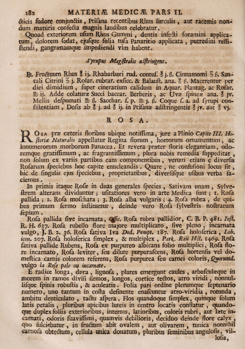 dicis fudore conjundis , Ptifana recentibus Rhus furculis, aut racemis non¬ dum maturis cpnfeda magnis laudibus celebratur. Quoad exteriorem ufum Rhus Gummi, dentis infedi foramini applica¬ tum, dolorem fodat, ejufque folia tufa Panaritio applicata , putredini reffi- ftendi, gangrsenamque impediendi yim habent- Syrupus Magiflralis adftringen$o ?e. JFruduum Rhus ? ij. Rhabarbad rud. contuf ? j. fi. Cinnamomi 5 fi. San- tali Citrini 3 j. Rofar. rubrar. exficc. dc Balauft. ana. ? fi. Macerentur per diei dimidium , fuper cinerarium calidum in Aquar. Plantag. ac Rofar- lb ij. Adde colatura? Succi baccar. Berberis , ac' Uva? fpinea? ana. % jv. Mellis defpumati th fi. Sacchar. C p. B j. fi. Coque fi a. ad fiyrupi con¬ fidentiam A Do fis ab 5 j. ad i ij. in Ptifana? adftringentis ? jr. &ut t vj. ROSA, ROsa pra? ceteris floribus ubique notiffima, jure a Plinio Capitelli. Hi- ftoria Naturalis appellatur Regina florum , hortorum ornamentum, ac innumerorum morborum Panacea. Et revera praeter floris elegantiam, odo¬ remque gratiffimum , ac fragra ntiffimum , plura nobis remedia fuppeditat , non folum ex variis partibus eam componentibus, verum etiam e diverfis Rofarum fpeciebus hoc capite enucleandis . Quare , ne eon&fioni locus fit, hic de Angulis ejus fpeciebus, proprietatibus , diverfifque ufibus verba fa¬ ciemus . In primis itaque Rofie in duas generales fpecies , Sativam unam, Sylve- ftrem alteram dividuntur; ufitatiores vero in arte Medica funt; i. Rofit pallida ; 2. Rofa mofchata ; 3. Rofa alba vulgaris ,• 4. Rofa rubra , de qui¬ bus primum fermo inftituetur , deinde vero Rofa fylveftris noftrarum Rofa pallida fiye incarnata, qffic. Rofa rubra pallidior, C. B. P. 481. Inft. R. H. 637. Rofa rubello flore majore multiplicato, five pleno, incarnata vulgo, J. B. 2. 56. Rofa fativa Iva Dod. Pempt. 187. Rofa holoferica , Lob. icon. 207. Rofa holoferica fimplex , & multiplex , Park.. Raii HfL 14.69. Rofa fativa pallide Rubens, Rofa ex purpureo albicans folio multiplici, Rofa flo¬ re incarnato, Rofa leviter, feu dilute purpurafcens, Rofa hortenfis vel do- meftica carnis colorem referens, Rofa purpurea feu carnei coloris,Quorumd. yulgo la Rofe pale ou incarnate. E radice longa, dura , lignofa , plures emergunt caules , arbufcula?que in morem in ramos divifi firmos, longos, cortice tedos, atro viridi, nonnul- lifque fpinis robuftis , & aculeatis. Folia pari ordine plerumque feptenario numero, uno tantum in cofta definente enafcunmr atro-viridia, rotunda, ambitu denticulato , tadu afpera. Flos quandoque fimplex, quinque folum latis petalis , pluribus apicibus luteis in centro locatis conflatur , quando¬ que duplex foliis exterioribus, internis, latioribus, coloris rubri, aut kte in¬ carnati, odoris fuaviflimi, quamvis debilioris, deciduo deinde flore calyx , quo fulciebatur , in frudum abit ovalem , aut olivarem , tunica nonnihil carnofa obtedum, cellula unica donatum, pluribus feminibus angulofis, vil-