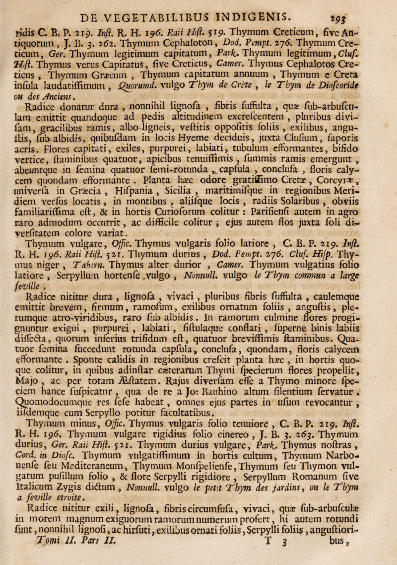 fidis C. B. P. 219. Infl. R. H. 196. Raii Hfl. $1 9. Thymum Creticum, five An¬ tiquorum 3 J. B. 3. 252. Thymum Cephaloton, Dod. Pempt. iy6. Thymum Cre¬ ticum, Ger. Thymum legitimum capitatum, Park* Thymum legitimum,Cluf, Tfift. Thymus verus Capitatus, five Creticus, Camer. Thymus Cephalotos Cre¬ ticus , Thymum Graxum , Thymum capitatum annuum , Thymum e Creta infula laudatiflimum , Quorumd. vulgo Tbym de Crete , le Tbym de Diofcoride ou des Anciens. Radice donatur dura , nonnihil lignofa , fibris fuffulta , quae fub-arbufcu- lam emittit quandoque ad pedis altitudinem excrefcentem , pluribus divi- fam, gracilibus ramis, albo ligneis, veftitis oppofitis foliis, exilibus, angu- llis, fub albidis, quibufdam in locis Hyeme deciduis, juxta Clufium, faporis acris. Flores capitati, exiles, purpurei, labiati, tubulum cftormantes, bifido vertice, flaminibus quatuor, apicibus tenuiffimis , fummis ramis emergunt , abeuntque in femina quatuor femi-rotunda , capfula , conclufa , floris caly¬ cem quondam eftormante . Planta ha?c odore gratiflimo Creta?, Corcyrae, univerfa in Gra?cia , Hifpania , Sicilia , maritimifque in regionibus Meri¬ diem verfus locatis, in montibus , aliifque locis , radiis Molaribus , obviis familiarifl&ma eft, & in hortis Curioforum colitur : Parifienfi autem in agro raro admodum occurrit, ac difficile colitur j ejus autem flos juxta foli di- verfitatem colore variat. Thymum vulgare, Offic. Thymus vulgaris folio latiore , C. B. P. 219. Infl, R. H. ip5. Raii Hift. 521. Thymum durius , Dod. Pempt. 275. Cluf. Hifp. Thy¬ mus niger , Tabern. Thymus alter durior , Camer. Thymum vulgatius folio latiore , Serpyllum hortenfe vulgo , Nonnull, vulgo le Tbym commun a large feville . Radice nititur dura , lignofa , vivaci , pluribus fibris fuffiilta , caulemque emittit brevem, firmum, ramofum, exilibus ornatum foliis , anguftis, ple¬ rumque atro-viridibus, raro fub albidis. In ramorum culmine flores progi¬ gnuntur exigui , purpurei, labiati, fiftulaque conflati, fiiperne binis labiis diffeda, quorum inferius trifidum eft, quatuor breviffimis flaminibus. Qua¬ tuor femina fiiccedunt rotunda capfula, conclufa, quondam, floris calycem efformante • Sponte calidis in regionibus crefcit planta ha?c , in hortis quo¬ que colitur, in quibus adinftar casterarum Thymi fpecierum flores propellit, Majo , ac per totam iEftatem. Rajus diverfam efle a Thymo minore fpe- ciem hance fufpicatnr , qua de re a Jo: Bauhino altum filentium fervatur . Quomodocumque res fefe habeat, omnes ejus partes in ufiim revocantur , iifdemque cum Serpyllo potitur facultatibus. Thymum minus, OJfic. Thymus vulgaris folio tenuiore , C. B. P» 219. Infl, R. H. 195. Thymum vulgare rigidius folio cinereo , J. B. 3. 263. Thymum durius, Ger. Raii Hifl. 521. Thymum durius vulgare, Park. Thymus lioflras , Cord. in Diofc. Thymum vulgatiffimum in hortis cultum, Thymum Narbo- nenfe feu Mediteraneum, Thymum Monfpelienfe, Thymum feu Thymon vul¬ gatum pufillum folio , & flore Serpylli rigidiore , Serpyllum Romanum five Italicum Zygis di&um, Nonnull. vulgo le petit Tbym des jardins, ou k Tbym a feville etroite. Radice nititur exili? lignofa, fibriscircumfufa, vivaci, qua? fub-arbufcula? in morem magnum exiguorum ramorum numerum profert, hi autem rotundi fiant, nonnihil lignofi, ac hirfuti, exilibus ornati foliis, Serpylli foliis, anguftiori-
