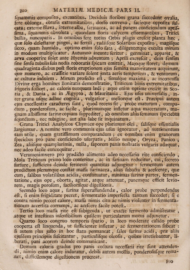 fquatnmis com polito, exeuntibus* Deciduis floribus grana fuccedunt ovalia, fere oblonga, obtufls -.extremitatibus, dorfo convexo , facieque oppofita fal¬ cata; externe fllava, interne alba, farinacea, ac ad panem conficiendum aptiT. fima, fquammis obvoluta , quondam floris calycem eftormantibus , Tritici bullis, nuncupatis In omnibus fere totius Orbis plagis crefcit planta ha?c , qua? foto deledatur pingui, ac fertili, radiifque Solaribus expofito , magifque flcco, quam humido, optimo enim folo Tata , diligenterque exculta mirum io modum multiplicatur. Autumno ineunte feritur ; germinat, apparet, & arva cooperire folet ante Hyemis adventum ; Aprili excrefcit , dein fenfini fine fenfu tubulis fuis nodis roboratis fpicafn emittit, Majoque floret; demum quadraginta diebus poft floris eruptionem ejus femina maturitatem acquirunt, qua? numero, ac craflitie variare folent juxta aeris temperiem , & ventorum, ac cultura indolem . Mirum profedo eft , fimulque maxima , ac inconcuffa Divina? erga homines Bonitatis demonftratio, Triticum binis extremitatibus, frigoris feilicet, ac caloris nunquam la?di ; seque enim optime crefcit in Sco¬ tia , & Dania , ac in ALgypto , & Mauritania . Ejus ufus univerfalis , in¬ ter grana ufque adhuc cognita , vulgatior, meliorque eft. Pra?cipui autem ejus excellentia? caraderes Tunt, quod recens flt , probe maturum , compa- dum , ponderofum, ac facile , plurimumque infletur aqua maceratum, ma¬ gnam albiffima? farina? copiam fuppeditet, ab omnibus aliis feminum fpeciebus fejundum , nec rubigine, aut alia labe fit inquinatum. Grana Tritici Analyfeos Chymica? ope plurimum olei , falifque effentialis largiuntur. A nemine vero communis ejus ufus ignoratur , ad nutrimentum tam utile , quam gratiftimum comparandum ; ex omnibus enim granorum fpeciebus pro pane conficiendo ufurpatis , Milio nempe , Oryza, Panico , Zea, aliifque quam plurimis, nulla, faporem panis noftratis vulgaris ada?quat, nec adeo facile concoquitur. Verumenimvero pro prasdido alimento adeo neeeflario rite conficiendo , Mola Triticum primo loco conteritur , ac in farinam reducitur, cui, fecreto furfure, fufficiens deinde fermenti quantitas adjungitur : fermentum autem pra?didum plerumque conftat maffa farinacea, alias fubada & acefcente, qua? cum, falibus volatilibus acidis, conftituatur, minimas farina partes, fermen- tatione, ejus ope, oborta, agitat, atque attenuat, panemque efficit levio¬ rem , magis porofum, faciliorifque digeftionis. Secundo loco aqua? , farina? fuperaffundenda?, calor probe perpendendus eft, fi enim frigiditate peccet, fermentatio imperfeda tantum fuccedet; fi e contra nimio peccet calore, maffa nimis cito ac nimis violenter in fermenta- t ion em accerfita corrumpi, ac acefcere facile poteft. Tertio loco maffa rite eft fubigenda , ut exade fermento admifceatur , atque ut inteftinus infenfibilium ejufdem particularum motus adjuvetur. Quarto loco congruo temporis fpatio , in loco moderate calido probe cooperta eft linquenda, ut fufficienter infletur, ac fermentationem fubeat : fi autem plus jufto in hoc ftatu permaneat, fales farina? acidi, pra? aliis ejufdem principiis fufcitantur , particulifque oleofis , quibus irretiebantur, li¬ berati, pani acorem deinde communicant . Demum caloris gradus pro panis codura neceffarii rite Tunt attenden¬ di, nimio enim calore induratur, debili autem mollis, ponderofufque rema¬ net, difficilemque digeftionem procreat. Pro