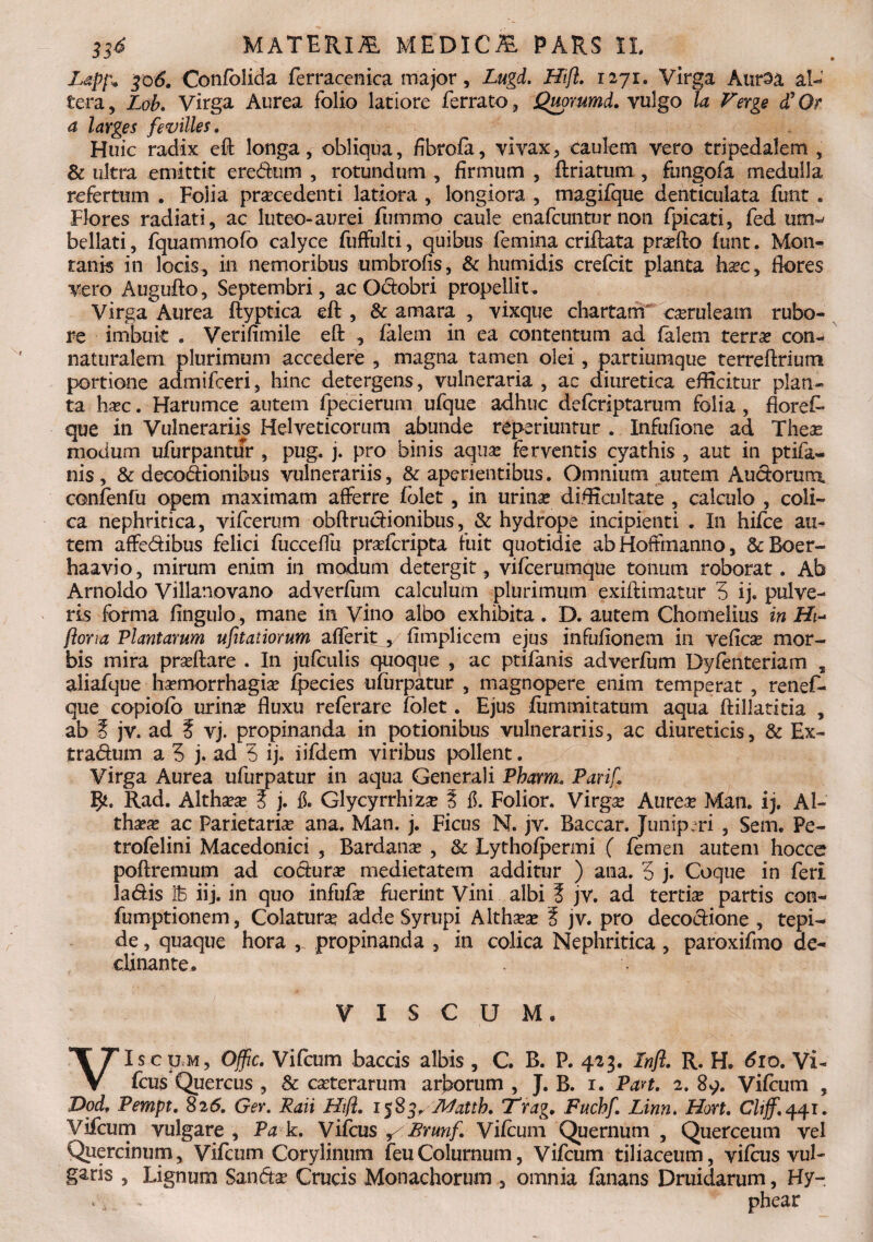 Lapp. 306. Confolida ferracenica major, Lugd. Hifl. 1271. Virga Auroa al¬ tera, Lob. Virga Aurea folio latiore ferrato, Quorumd. vulgo la Verge £ Qi a larges fevilles. Huic radix eft longa, obliqua, fibrofa, vivax, caulem vero tripedalem , & ultra emittit eredum , rotundum , firmum , ftriatum , fungofa medulla refertum . Folia praecedenti latiora , longiora , magifque denticulata funt . Flores radiati, ac luteo-aurei fummo caule enafcuntur non fpicati, fed unv bellati, fquammofo calyce fuffulti, quibus femina criftata pra?fto funt. Mon¬ tanis in locis, in nemoribus umbrofis, & humidis crefcit planta haec, fiores vero Augufto, Septembri, ac Odobri propellit. Virga Aurea ftyptica eft , & amara , vixque chartam ca?ruleam rubo¬ re imbuit . Verifimile eft , falem in ea contentum ad falern terra? con¬ ii at 11 r ale m plurimum accedere , magna tamen olei, partiumque terreftrium portione admifceri, hinc detergens, vulneraria , ac diuretica efficitur plan¬ ta h^c. Harumce autem fpecierum ufque adhuc defcriptarum folia, floref* que in Vulnerariis Helveticorum abunde reperiimtur . Infufione ad Thea? modum ufurpantur , pug. j. pro binis aqua? ferventis cyathis , aut in ptifa- nis, & decodionibus vulnerariis, & aperientibus. Omnium autem Audorum, confenfu opem maximam afferre folet , in urina? difficultate , calculo , coli¬ ca nephritica, vifcerum obftrudionibus, & hydrope incipienti . In hifce au¬ tem affedibus felici fucceffu pradcripta fuit quotidie abHoffmanno, &Boer- haavio, mirum enim in modum detergit, vifcerumqiie tonum roborat. Ab Arnoldo Villanovano adverfum calculum plurimum exiftimatur 5 ij. pulve¬ ris forma fingulo, mane in Vino albo exhibita. D. autem Chomelius in Hi- fiona Plantarum ufitatiorum afferit^ fimplicetn ejus infufionem in vefica? mor¬ bis mira prseftare . In jufculis quoque , ac ptifanis adverfum Dyfenteriam „ aliafque ha?morrhagia? fpecies ufurpatur , magnopere enim temperat , renef. que copiofo urina? fluxu referare folet. Ejus fiimmitatum aqua ftillatitia , ab £ jv. ad £ vj. propinanda in potionibus vulnerariis, ac diureticis, & Ex- tradum a 5 j. ad 5 ij. iifdem viribus pollent. Virga Aurea ufurpatur in aqua Generali Pharm. Parii Rad. Altha?a? £ j. fi. Glycyrrhiza? £ fi. Folior. Virga; Aurea? Man. ij. Al¬ thaea? ac Parietaria? ana. Man. j. Ficus N. jv. Baccar. Juniperi , Sem, Pe- trofelini Macedonici , Bardana? , Sc Lythofpermi ( femen autem hocce poftremum ad codura? medietatem additur ) ana. 5 j. Coque in feri ladis lb iij. in quo infufa? fuerint Vini albi £ jv. ad tertia? partis con- fumptionem, Colatura? adde Syrupi Althsea? £ jv. pro decodione , tepi¬ de , quaque hora , propinanda , in colica Nephritica, paroxifmo de¬ clinante,. VISCUM. VIscum, Offic. Vifcum baccis albis , C. B. P. 423. Infl. R. H. 610. Vi¬ fcus Quercus , Sc ca?terarum arborum , J. B. 1. Pan. 2. 89. Vifcum , Dod, Pempt. 825. Ger. Raii Hifl. 15 S^ Jl^attb. TGrag. Fuchf. Linn. Hort. Clijf.44.1. Vifcum vulgare, Pak. Vifcus ^Brunf. Vifcum Quernum , Querceum vel Quercinum, Vifcum Corylinum feuColurnum, Vifcum tiliaceum, vifcus vul¬ gas , Lignum Sanda? Crucis Monachorum , omnia fanans Druidarum, Hy- * , , phear