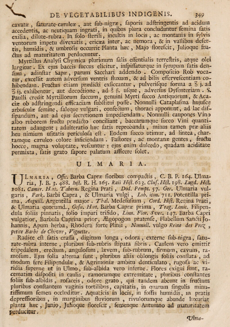 cavata 3 faturate-ctrulea? , aut fiib-nigra?, faporis adftringentis ad acidum accedentia, ac neutiquam ingrati, in quibus piura concluduntur femina fatis exilia, dilute-rubra. In folo fterili, incultis in locis , ac montanis in fylvis ventorum impetu divexatis , ericaea inter, ac nemora , & in vallibus defer¬ tis, humidis, & umbrofis occurrit Planta haec , Majo florefcit, Julioque fru- dus ad maturitatem perducuntur. Myrtillus Analyfi Cnymica plurimum falis eifentialis terreftris, atque olei largitur. Ex ejus baccis fuccus elicitur, infpiffaturque in fyru puni fatis den- fimi , adinftar Sap^e , parum Sacchari addendo . Compofitio Rob voca¬ tur, excellit autem adverfum ventris fluxum, & ad bilis effervefcentiam co¬ hibendam. Frudus etiam prodidi exficcantur , pulverifque forma a 3 j. ad 5 ij. exhibentur , aut deeodione , ad ? & ufque , adverfns Dyfenteriam . S. Paulli credit Myrtillorum fuccum , genuini Myrti fucco Antiquorum, & Aea¬ ci x ob adftringendi efficaciam fubftitui pofle. Nonnulli Cataplafma hujufce arbukulae femine, faleque vulgari, confedum , thoraci apponunt, ad lac dif- fipandum, aut ad ejus fecretionem impediendam. Nonnulli caupones Vino albo ruborem frudu pra?dido conciliant', baccarumque fucco Vini quanti¬ tatem adaugent ; adulteratio hxc fatis reprobanda , minus tamen pra? aliis heu nimium ufitatis periculofa eft . Eodem fucco utimur, ad lintea, char¬ tamque csruleo colore inficiendam . Paftores , ac montana gentes, frudu hocce, magna voluptate, vefcuntur : ejus enim dulcedo, quadam aciditate permixta, fatis grato fapore palatum afficere folet. ULMARIA, ULmaria , Offic. Barba Capra? floribus compactis , G. B. P. t6p. Ulma¬ ria, J. B. 5. 488. Injl. R. H. 265. Raii Hift.623. Cluf.Hiji, 198. Lugd. Hifl. 1081» Camer. Hurt. Tabem. Regina Prati , Dod. Pempt. 57. Ger. Ulmaria vul¬ garis , Park. Barbi Capra , & Ulmaria vulgi , Lob. icon. 711. Potentilla pri¬ ma, Anguill. Argentilla major . Thal. Medefufium , Cord. Hifl. Regina Prati, Sc Ulmaria quorumd., Gefn. Hort. Barba Capra? prima , Trag. Lonic. Filipen- dula foliis pinnatis, folio impari trifido, Lim. Flor. Svec. 147. Barba Capri vulgatior. Barbula Caprina prior, fBgopogon pratenfe, Flabellum Sandi Jo« hannis, Apum herba, Rhodera forte Plinii , NonnulL vulgo Reine des Pre^ , petite £ urbe de Cbevre, Vignette. Radice eft fatis craffa , digitum longa , odora, externe fub-nigra, fatu- rate-rubra interne , pluribus fub-rubris ftipata fibris . Caulem vero emittit tripedalem, eredum, angulofum , lctvem, fub-rubrum, firmum, cavum, ra- mofiim. Ejus folia alterna furit,, pluribus aliis oblongis foliis confiat a , ad modum fere Filipendula? , & Agrimonia? ambitu denticulato , rugofi ac vi¬ ridia fuperne ut in Ulmo, fub-albida vero inferne. Flores exigui funt, ra- cematim difpofiti in caulis, ramorumqtie extremitate , pluribus conftantes- foliis fiib-albidis , rofaceis , odore grato , qui tandem abeunt in frudum pluribus conflantem vaginis tortilibus, capitatis, in quarum ftngulis mimi- tiflimum femen occluditur. Aquaticis in locis, in fodis humidis, m pratis depreffioribus , in marginibus fluviorum , rivulorumque abunde luxuriat planta kxc, Junio, Julioque florefcit s femenque Autumno ad maturitatem perducitur, ~ i fVltna-