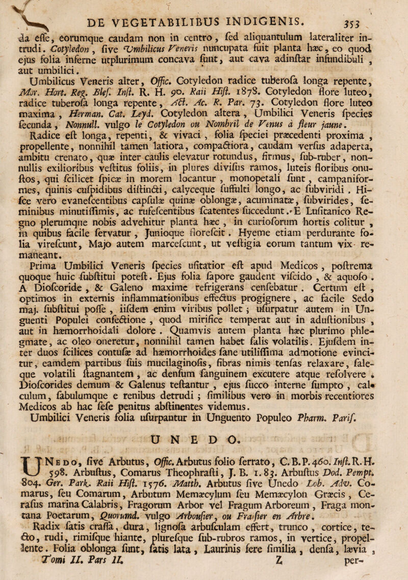 da effe, eorumque caudam non in centro, fed aliquantulum lateraliter in¬ trudi . Cotyledon , fi ve ^Umbilicus Veneris nuncupata fuit planta h xc, eo quod ejus folia inferne utplurimum concava funt, aut cava adinftar infundibuli , aut umbilici. Umbilicus Veneris alter, Offic. Cotyledon radice tuberofa longa repente, Mox. Hort. Reg. filef. Inft. R. H. 90. Raii Hift. 1878. Cotyledon flore luteo, radice tuberofa longa repente, AB. Ac. R. Par. 73. Cotyledon flore luteo maxima , Herman. Cat. Leyd. Cotyledon altera , Umbilici Veneris fpecies fecunda , Nonnull. vulgo le Cotyledon ou Nombril de Venus d fleur jaune. Radice eft longa, repenti, Sc vivaci , folia fpeciei procedenti proxima , propellente, nonnihil tamen latiora, eompa&iora, caudam verfus adaperta, ambitu crenato, qua» inter caulis elevatur rotundus, firmus, fub-ruber, non¬ nullis exilioribus veftitus foliis, in plures divifus ramos, luteis floribus onu- ftos, qui fcilicet fpico in morem locantur , monopetali funt, campanifor- mes, quinis cufpidibus diftindti, calyceque fuffulti longo, ac fubviridi » Hi- fce vero evanefcentibus capfulo quino oblongo, acuminato, fubvirides, fe¬ minibus minutiflimis, ac rufefcentibus fcatentes fuccedunt E Lufitanico Re¬ gno plerumque nobis advehitur planta hoc , in curioforum hortis colitur , m quibus facile fervatur , Junioque florefcit. Hyeme etiam perdurante fo¬ lia virefcunt, Majo autem marcefamt, ut veftigia eorum tantum vix re¬ maneant. Prima Umbilici Veneris fpecies ufitatior eft apud Medicos , poftrema quoque huic fubftitui poteft. Ejus folia fapore gaudent vifcido , & aquofo . A Diofcoride , & Galeno maxime refrigerans cenfebatur . Certum eft , optimos in externis inflammationibus effe&us progignere , ac facile Sedo maj. fubftitui poffe , iifdem enim viribus pollet ; ufurpatur autem in Un¬ guenti Populei confedtione , quod mirifice temperat aut in aduftionibus , aut in homorrhoidali dolore . Quamvis autem planta hoc plurimo phle¬ gmate, ac oleo oneretur, nonnihil tamen habet falis volatilis. Ejufdem in¬ ter duos fcilices contufo ad homorrhoides fane utiliflima admotione evinci¬ tur, eamdem partibus filis mucilaginofis, fibras nimis tenfas relaxare, fale- que volatili ftagnantem, ac denfum fanguinem excutere atque refolvere . Diofcorides demum & Galenus teftantur , ejus fucco interne fumpto , cal* culum, fabulumque e renibus detrudi ; fimilibus vero in morbis recentiores Medicos ab hac fefe penitus abftinentes videmus. Umbilici Veneris folia ufurpantur in Unguento Populeo Pharm. Parif. U N E D O* UNedo, five Arbutus, Offic.Arbutus folio ferrato, C.B.P.460.Inft.R.H* 598. Arbuftus, Comarus Theophrafti, J. B. 1.83. Arbuftus Dod. Pemph 804. Ger. Park. Raii Hift. i$j6. Mattb. Arbutus five Unedo Lob. Adv. Co¬ marus, feu Comarum, Arbutum Memocylum fcu Memocylon Grocis , Ce¬ ra fus marina Calabris, Fragorum Arbor vel Fragum Arboreum , Fraga mon¬ tana Poetarum, Quorumd. vulgo Arboufter, ou Frafier en Arbre. Radix fatis crafla, dura, lignofa arbufculam effert, trunco , cortice, te- 6:0, rudi, rimifque hiante, plurefque fub-rubros ramos, in vertice, propel¬ lente . Folia oblonga funt, fatis lata, Laurinis fere fimilia, denfa, lama 9 Tomi 11. Pars II* 2 per-