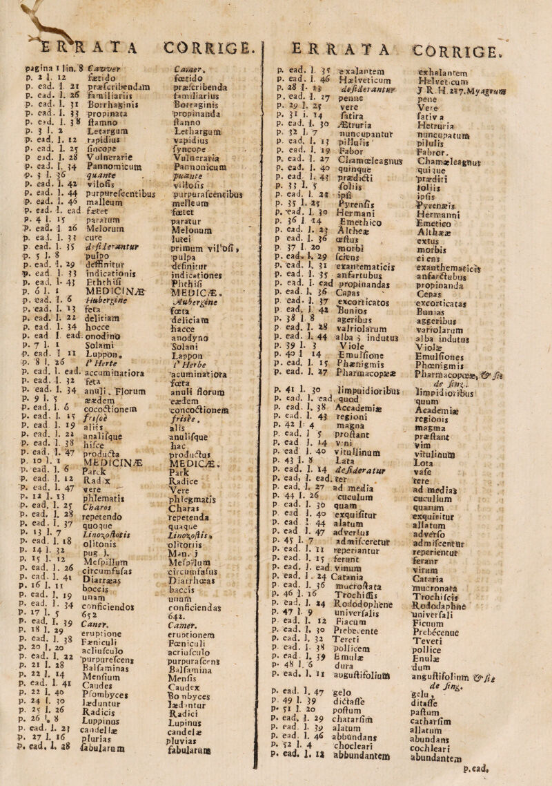 CORRIGE. pagina 11 in.'8 P. 2 1. 12 p. ead. i 2i p. ead. i. 26 p. ead. 1. 31 p. ead. 1. 9? p. ead. 1. 3 8 P- 3 1. 2 p. ead. 1. 12 p. ead. 1. 25 p eid. 1. 28 p. eai. t. 34 P. 3 1. -36 p. ead. 1. 42 p. ead. 1. 44 p. ead. 1. 46 p. ead. 1. ead P. 4 h 15 P. ead. I. 26 p. eai. 1. 3? p ead. 1. 3? p. 3 J. 8 p. ead. i. 29 p. ead. 1. 3 3 p, ead. 1* 4J P. 6 i. * p. ead. 1. 6 P. ead. I. 1 ? p. ead. 1. 3 2 P. ead. 1. 34 p. ead 1 ead. P- 7 1. 1 p. ead. i IX p. 8 I. 20 p. ead. 1. ead. P. ead. 1. 32 p. ead. 1, 34 P. 9 I. T P. ead. 1. 6 p. ead. 1. IT P. ead 1. 19 p. ead. I. 2i p. ead. 1. 38 p. ead. !. 47 p. 10 1. 1 p. ead. 3. '6 p. ead. 1. 12 'P. ead. 1. 47 P. 12 1. 13 p. ead. 1. 2j p. ead. J. 28 p. ead. I. 37 P. 13 1. 7 P* ead. ]. 18 P. 14 1. 32 P. 15 1. 12 P. ead. ]. 26 p. ead. I. 41 P. 16 1. 11 P. ead. J. 19 P. ead. 1. J4 P- 17 I. $ P- ead. I. P. 18 I. 29 P* ead. ]. 38 P. 20 1. 20 P. ead. 1. 22 p. 21 1. 28 P. 22 J. 14 P. ead. 1. 41 p. 22 1. 40 p. 24 (. 30 p. 2< J. 26 p. 26 l, 8 p. ead. i. 23 p. 27 i. 16 P. ead, 1. 28 Cafttver faeci do prsfcribendafti ‘familiari is Borrhaginis propinata ftamno Letargum rapidius {Incopt Vuinerarie Pannomicutn quante vslofis purpurefceritibus malleum fetet paratam Melorum cure defiderantttr pulpo defEnituf indicationis EththVfi MEDICfNiB- H&btrgine feta delitiam hocce onodino Solami Luppon* r Herte accuminattora feta anuli. Florum ae aedem cocoflionem frifce a j H s analifque h i fce produdta MEDICINA Parck Radix vere ‘T phlematis Charos repetendo quoque Lino\oHati$ olitonis pug. 1. Mefpillum circumfufas Diarrxas boccis unam conficiendos 6^2 Canet. eruptione Faeniculi acliufculo ‘purpurefceng Balfaminas Menfium Caudes Pfornbyces luduntur Radicis luppinus candellaj plurias fabularum Camer, foetido praefer i ben da familiarius Borraginis propinanda flanno Lethargum. vapidius fyncope Vulneraria Pannonicum putmte vi Holis purpurafcenribus melleum foetet 'paratur Melonum lutei primum viI’ofi» pulpa definitur indicationes Phrhi.fi MEDiC/E» rAuhstgine •foeta _ deliciam hiacce anodyno Solani Lappoil /’ Herbe 'a cuminatiora foeta anuli florum etedem concoiffionem frises, alis anulifque hac produdlu* MEDICA» Park Radice Vere phlegmatis Charas repetenda quaque Lino\ofiis e olitonis Man. j MefpVlum cfrcumfbfus Diarrhoeas baccis unam conficiendas 642. Canter. eruationem Faeniculi acriufculo purpura fcens Baj familia Men fis Caudex Bo Tibyces laed mtur Radici Lupinus cande|«e pluvias fabularum p. ead. L ‘exalantem p. ead. 1. 46 Hariveticurn p. 28 h 13 desiderantur P. ead. I. 27 pe nae P> 29 J. 25 vere p. 3J i- 14 iatira p. ead. 1. 30 ./Etruria P' 32 h ,7 nuncupantur P. ead. 1. 13 piHuIls P. ead. 1. 19 Fabor , P.. ead. 1. 27 Cljamoeleagnus p. ead. j. 40 quinque p. ead. 1. 43 prsditfi : P* n l 3 foliis p. ead. i, 23 jp£ P- 3?L 25 Py ren fis P. rad. 1. 30 Her mani P. 3« 1. S4 Ernethico s p. ead. J. 23 Altheae p ead. 1. 36 <Ef|us 'f P 37 1 20 morfei p. ead. L 29 fcitns P.'ead. 1. 31 exantematicis p. ead. 1. 35 anfartubus p. ead. 1- ead propinandas p. ead. L 36 Capas P ead. 1. 37 excortica tog p ead. ]. 42 Bunios P. 38 1 8 ager ibus P eaq. i. 28 valriolarum ? P* ead. 1. 44 alba 3 indutus P. 39 L 3 Viole p. 40 1 14 Emulfione p. ead. 1. IT Phsenigmis p. ead. L 27 Pharmacop2sa& P. 4* L 30 limpuidioriblis p. ead. 1. ead. quod p. ead. L 38 Aceademia» p. ead. 1. 43 regioni P» 42 L 4 magna P. ead. 1 T Proliant p. ead 1. 14 v:ni p. ead J. 40 vitullinum P- 43 1. 8 Lata p. ead. 1. 14 dejideratur p. ead, 1. ead. ter p. ead. ]. 27 ad media ' P' 44 I. 26 cuculum P ead. 1. 30 quam P ead 1. 40 exquifitur P. ead 1. 44 alatum P. ead L 47 adverius P- 4? 1. 7 admifceretUf p. ead. 1. n rtperiantur p. ead. 1. 1 t ferunt p. ead. j. ead. vinum P. ead. j . 24 Catania P ead. 1. 36 mucroflat2 P. 46 1. 16 Trochi dis 1 p. ead. J. 34 Rododophene P-47 1. 9 Univerfalis P ead. 1. 12 Fiaciim i P. ead. 1. 30 Ptebecente P. ead. 1, 32 Tereti P ead. I. 38 pollicem p. ead. 1. 39 Bmul® P* 48 1, 6 dura P. ead, h H auguftifoliuHfe p. ead. 1. 47 ge]o P 49 1. 39 di dia fle P* ?i 3. 20 poftum p. eadv 1. 29 chatarfim P. ead I. 39 alatum p. ead. 1. 46 abbundans P. 52 1. 4 chocleari P* ead, 1, i| Rbbundanteai exhalanrem Hei ve t cum J R.H.2S7,My^«»«* pene Vere fativ a Hetruria nuncupatum pi 1 u1 is Fabrcr. Chamaeleagnut quique 'proditi toli i s ipfis Pyrenstg Her manni Emetico Althae® ex tus morbis ci ens exanthematici: anfartfiubus propinanda Cepas excorticatas Bunias aggeribus variolarum alba indutus Violae Emulfiones Phoenigmis Pharmacopcs^ Q? de fm i. limpidioribus quum Academia? regionis magma pr&ftant Vim vitulinum Lota vafe tere ad medias cucullum quarum exquiritur allatum adveYfo ad m ifcenttir reperientur feranr virum Catcria mucronata Trochi fcis Rododaphnd Univerfali Ficuum Prebecenuc Teveti pollice £nul;e dum angufHjfblinm Cffii , de jin&. gelu , ditaffe paftum catharfim allatum abundans cochleari abundantem P.cad,