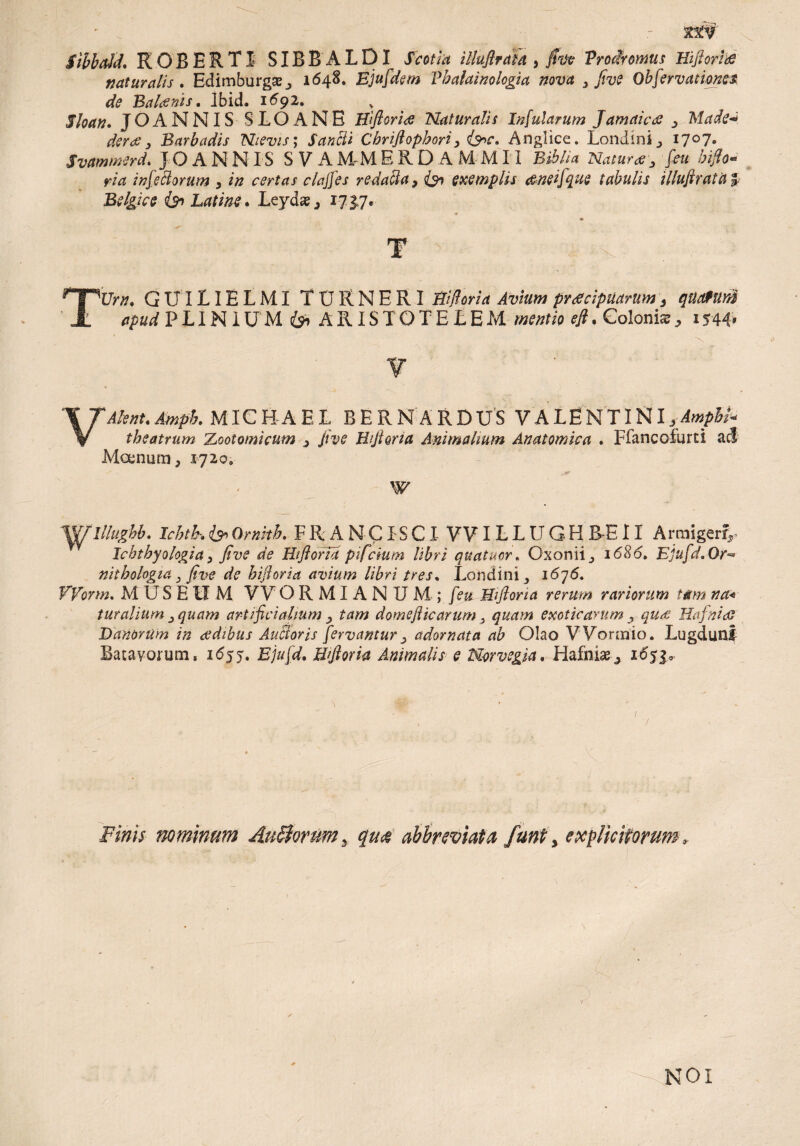 SibbaJd. K 0 B E R TI SIBB ALDI Scotia illufiraia , ffot Prodromus Bifioriee naturalis . Edimburgse_, 1648. Ejufdetn Vhalainologja nova , jive Obfervat ionet de BaUnis, Ibid. 1692. Sloan. JOANNIS SLOANE Bifori# Naturalis Infularum Jamaicce , Made* der#, Barbadis Nievis; Sancit Chriflophori, Anglice. Londmi, I7°7» Svamwerd. j O A N N IS S V A M M E R D A M M11 Btblia Natur#, feu bifio* ria infectorum , in certas claffes redacta, &i exemplis anetfque tabulis illujirata | Belgice & Latine. Leydae, 1737. T Urn, GUILIELMI TtJRNERI Biforia Avium praecipuarum3 qUctfUrii apud PLINIUM & ARISTOTELEM mentio eft. Colonia?^ 1544» v Alent.Ampb. MTCHAEL BERNARDUS VALENTINI, Ampli* theatrum Zootomicum , jive BijUria Animalium Anatomica . Ffancofurci ad Moenum, 1720. W millughb. Ichth&Omkh. FRANCISCI VVILLUGHREII Armiger?,. Icbthyologia, five de Htflofid pifctum libri quatuor* Gxonii_, 1686, EJufd.Or- nitbohgia, five de biforia avium libri tres. Londini, 1676. Worm. MUSEU M VV O R MI A N U M ; /h* Hifloria rerum rariorum tam na< tur alium , quam artificialium , tam domefi icar urn . exoticarum , qu# HafnidJ Danortim in aedibus Aufloris fervantur, adornata ab Qlao VVormio. Lugduni Batavorum, 1655. Ejufd. Biforia Animalis e Norvegia. Hafniae^ 16SJ* Finis nominum Aurorum, qu<% abbreviat a funi 3 ex finitorum NOI