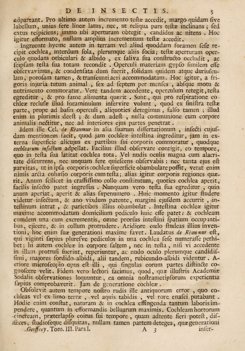 ad pareant. Pro ultimo autem incremento tefta? accedit, margo quidam fi ve labellum, unius fere linea? latus., nec, ut reliqua pars teftse inclinans ; fed extus refpiciens; immo ubi aperturam obtegit , candidus ac nitens . Hoc igitur efformato, nullum amplius incrementum tefta? accedit. Ingruente hyeme autem in terram ve! aliud quoddam foramen fefe re¬ cipit cochlea, interdum fola, plerumque aliis focia; tefta? aperturam oper¬ culo quodam orbiculari & albido ex faliva fua conftru&o occludit , ac feipfam tefta fua totam recondit . Operculi materiam gypfo fimilem e (Te obfervavimus, & condenfata dum fuerit, foHdam quidem atque duriufcu- lam, porofim tamen, &tranfeuntiaeri accommodatam. Hoc igitur, a fri¬ goris injuria tutum animal , fex ad feptem per menfes , abfque motu & nutrimento commoratur. Vere tandem accedente, operculum retegit,tefta egreditur , & pro fame alimenta quierit . Sunt , qui pro refpiratione co chlea? reclufa? illud foraminulum infervire volunt , quod ex finiftra teftae parte,.prope ad bafin operculi, aliquoties detegimus, falfo tamen ; illud enim in plurimis deeft ; Sc dum adeft , nulla communione cum corpore animalis nebitur, nec ad interiores ejus partes penetrat. Idem ille Ceh de Reaumur in alia Tuarum diflertationum , infecfti cujuf- dam mentionem facit, quod jam cochlea-intcftina ingreditur, jam in ex¬ terna fuperftcie alicujus ex partibus fui corporis commoratur , quodque cochlearum infeftnm adpellat. Facilius illud obfervare contigit, eo tempore, quo in tefta fua latitat cochlea tota. Vel nudis oculis magna cum alacri¬ tate difcurrens, nec unquam fere quiefcens obfervabis ; nec tanta ejus eft parvitas, utinipfa corporiscochlese.fuperficieobambularepoftit, vetat enim nimis ardla cohsefio corporis cum tefta; alias igitur corporis regiones quie¬ rit. Anum fcilicet in craftiilinx) collo conftitutum, quoties cochlea aperit, facilis infe&o patet ingrelfus . Nunquam vero tefta fua egreditur , quin anum aperiat., aperit & alias ftepenumero ..Huic momento igitur ftudere videtur infedum, & ano vixdum patente, margini ejufdem accurrit , «in* teftinum intrat , & parietibus illius obambulat . Inteftina cochlea? igitur maxime accommodatum domicilium pediculo huic efle patet; & cochleam eumdem una cum excrementis, omne prorfus inteftini fpatium occupanti¬ bus, ejicere, & in collum protrudere. Aridiore coelo ftudeas illius inven¬ tioni, hoc enim fuse generationi maxime favet. Laudatus de Rcawnur eft, qui viginti fsepius plurefve pediculos in una cochlea fefe numerafte perhi¬ bet; hi autem cocklese in corpore faltem , nec in tefta , nifi vi accedente in illam protrufi fuerint, reperiuntur, ac nudo oculo plerumque candidif- fimi, majores fordido-albidi, alii tandem, rubicundo-albidi videntur. A- eriore mkrofeopio opus eft illi , qui fingulas eorum partes diftinde co- gnofcere velit. Fidem vero le&ori facimus, quod, quse illuftris Academia Sodalis obfervationes loquuntur ., ea omnia noftrametipforum experientia iirpius comprobaverit. Jam de generatione cochlea?. Obfolevit autem tempore noftro rudis ille antiquorum error , quo co¬ chleas vel ex limo terra? , vel aquis tabidis , vel rore, enafci putabant . Hodie enim conftat, naturam & in cochlea effingenda tantum laboris im¬ pendere, quantum in efformandis belluarum maximis. Cochleam hortorum cineream, prseterlapfo coitus fui tempore , quam ad tente fieri poteft, dif- feces, ftudiofeque difquiras, nullam tamen partem deteges, quse generationi dSeaffroy. Tom. III. Pars I. A 3 infer-