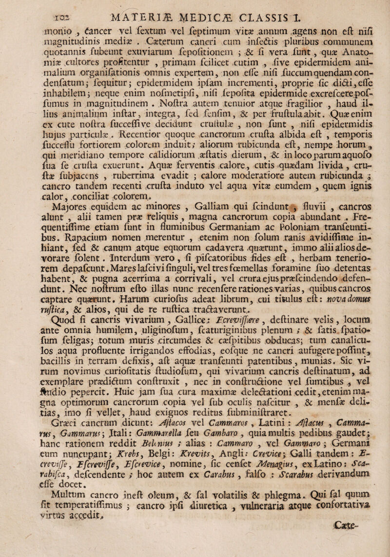 inomo 3 Cancer -yel fextum vel feptimum vita: annum agens non eft nifi magnitudinis inedia: . Ceterum caneri cum infectis pluribus communem quotannis fubeunt exuviarum depolitionem ; & fi vera funt, qua: Anato- ■mia: .cultores profitentur , primam fcilicet cutim , iive epidermidem ani¬ malium orgaiiifationis omnis expertem , ;non ,effe nili fuccumquendam con- denfatum; fequitur; epidermidem ipfam incrementi, proprie fic di&i,effe inhabilem j neque enim nofmetipfi, nili iepolita epidermide excrefcere pof- fumus in magnitudinem . Noftra autem tenuior atque fragilior , haud il¬ lius animalium inftar, integra, fed fenlim, & per ‘fruftulaab.it. Qua: enim ex cute noftra fucceffiye decidunt cruitula: , non funt , nili epidermidis hujus particula:, Recentior quoque cancrorum crufta albida eft , temporis fucceftu fortiorem eoiorem induit; aliorum rubicunda eft, nempe horum qui meridiano tempore calidiorum aftatis dierum, Sc in loco parum aquofo fua fe crufta exuerunt. Aqua: ferventis .calore, cutis quadam livida , cru¬ fta fubjacens , ruberrima evadit ; calore moderatiore autem rubicunda ; cancro tandem recenti crufta induto yel aqua yita eumdem , quem ignis calor, conciliat eoiorem . Majores equidem ac minores , Galliam qui fcindunt , fluvii , cancros alunt , alii tamen pra reliquis , magna cancrorum copia abundant . Fre- quentiflime etiam funt in fluminibus Germaniam ac Poloniam tranfeuntl- fous. Rapacium nomen .merentur , etenim non folum ranis avidiffinie in¬ hiant, fed & canum atque equorum cadavera >qnarunt, immo alii alios de¬ vorare folent. Interdum vero, fi pifcatoribus fides eft , herbam tenerio¬ rem .depafcunt .Mares lafcivi finguhfvel tres femellas foramine fuo Retentas habent, & pugna acerrima a corrivali, vel crura ejus prafcindendo defen¬ dunt. Nec noftrum efto illas nunc recenfererationes varias, quibus cancros captare quarunt* Harum curiofus adeat librum, cui ti&ilus eft: nova domus rujlica, Sc alios, qui de re ruftica traftayerunt,. Quod fi cancris vivarium , Gallice; Emvtfjme, deftinare velis, locum ante omnia humilem, uliginofum, fcaturiginibus plenum ; & fatis fpatio- fum feligas; totum muris circumdes Sc cafpitibus obducas; tum canalicu. los aqua profluente irrigandos effodias, eofque ne cancri aufugere poffint, bacillis in terram defixis, aft aquse tranfeunti patentibus, munias. Sic vi¬ rum novimus curiofitatis ftudiofu.m, qui vivarium cancris deftinatum, ad exemplare pradi&um conftruxit , nec in conftru&ione vel fumtibus , vel ftudio pepercit. Huic jam fua cura maxima: delediationi cedit, etenim ma¬ gna optimorum cancrorum copia yel fub oculis nafcitur , &c menfe deii- tias, imo fi vellet, baud exiguos reditus fubminiftraret. Graeci cancrum dicunt: Aftacos vel Cammaros, Latini: Aflacus , Camma¬ rus , Gammarus; Jtali: Gammarella feu Gambaro , quia multis pedibus gaudet; hanc rationem reddit EeUwus ; alias : Cammaro , vel Gammaro; Germani eum nuncupant; Krebs, Belgi: Krevxts, Angli; Crevice; Galli tandem : crevtjje, Efcreviffey Efaevice, nomine, fic cenfet Menagms, ex Latino: Sca- rabifca, defcendente ; hoc autem ex Carabus, falfo : Scarabus derivandum effe docet. Multum cancro ineft oleum, & fal volatilis Sc phlegma. Qui fal quum fit temperatiflimus ; cancro ipfi diuretica , vulneraria atque confortativj, virtus accedit,* Cxte-