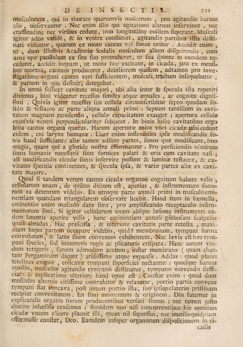 mufculorimi, qui in thorace quarumvis mufcarum , pro agitandis harum alis , obfervanttir . Nec enim illis qui agitationi alarum inferviunt , nec eraditudine nec viribus cedunt, imo longitudine eoddem duperant.Mufculi igitur adeo validi , Sc in ventre condituri, agitandis partibus idis dedi- nati videntur , quarum et motu cantus vel fonus oritur . Accidit enim , utdum Illuftris Academiae Sodalis mudculum alium difquirendo , eum acus ope paullulum ex fitu fuo protraheret, ut fua fponte in eumdem re¬ cederet, accidit inquam, ut motu hoc excitato, in cicada, jam ex mend- bus mortua, cantum produceret, debiliorem quidem , adtatnen pro inve- ftigatione organi cantus veri fufficientem, mufculi tradum infequebatur , Sc partem in qua definit, detegebat. In omni fcilicet cavitate majori, ubi alia inter & fpecula ida reperiri diximus , bini videntur recedus fimiles atque aquales , ac cognitu dignif- fimi . Quivis igitur recedus feu cellula circumdcribitur fepto quodam do- lido Sc tedaceo ac parte aliqua annuli primi . Septum tantillum in cavi¬ tatem magnam recedendo , cellulae capacitatem exauget ; apertura cellula? cujudvis ventri perpendiculariter dubjacet . In binis hifce cavitatibus ergo bina cantus organa quaeras. Harum aperturae enim voci cicadae ufuicedunt eidem , cui larynx humanae. Licet enim inflexibiles ipfae modificandis do¬ nis haud duffleiant; alise tamen addunt partes, donos quae modificant,imo magis, quam qui a glotide nodra eflformantur . Pro perficiendis nimirum donis humanis neceflarii dunt fornices palati Sc oris cum cavitate nad ; ad modificandis cicada? donis indervire podunt Sc lamina tedaceae, & ca¬ vitates dpecuia continentes, Sc fpecula ipda, Sc variae- partes aliae ex cavi» rate majore. Quod d tandem verum cantus cicadae organon cognitum habere velis 5 cellularum unam , de quibus didum ed , aperias , Sc indrumentum dono** rum ea detentum videbis. Ex utroque parte annuli primi in madculoemi¬ nentiam, quandam triangularem obdervare licebit. Haud item in foemella, eminentiae enim madculo datae dunt , pro amplideando receptaculo indru- mentorum doni. Si igitur cellularum unam abfque Hdone indrumenti ea¬ dem latentis aperire velis , hanc eminentiam annuli gibbodam dcalpello quad abradas . Hac prsedeida , Sc interiore cavitatis parte reteda , maxi¬ mam hujus partem occupare videbis, quid? membranam, tympani forma convolutam, & latus duum convexum exhibentem. Nec laevis edhaectym- pani lpecies, led innumeris rugis ac plicaturis cridpata. Hanc autem vix¬ dum tetigeris , donum admodum acutum , indar membrana? ( quam char¬ tam Pergaminam dicunt ) aridiflima? atque expande . Addas : quod plures tendines exigua? , concava? tympani duperficiei nedtantur ; quodque harum auxilio, mudculus agitando tympano dedinatus , tympano movendo fuffi- ciat: & explicatione ulteriore haud opus ed . Condat enim : quod dum mudculus alternis citiflime contrahitur Sc relaxatur, portio partis convexa? tympani dat concava, pod autem portio ida, duo ipfiuselaterio priflinam recipiat convexitatem . En doni momentum Sc originem . Diu fatemur in explicandis organis donum producentibus ver dati dumus ; nec tamen jufto diutius inha?dffe cendemus ; fiquidem non nid concurrentibus his omnibus cicada? vocem elicere placuit illi, quem nil duperdui, nec inutilisquidpiam efformade conflat, Deo. Eamdem infuper organorum didpofitionem in ci-