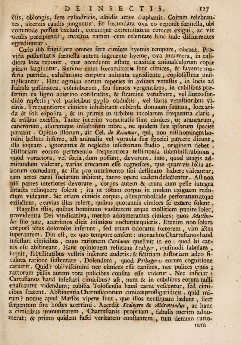 Sis, oblongis, fere cylindricis, albidis atque diaphanis, Coitum Celebrant tes, alternis caudis junguntur. Et fecundata ova eo ■reponit femella,ubi commode /poffirit excludi, eorumque extremitatem cimices exigui, ac vit oculis percipiendi , maxima tamen cmn celeritate hinc inde difcurrentes egrediuntur Coelo fub frigidiore omnes fere -cimices hyemis tempore, obeunt. Pro^ vida pofteri tatis femella autem ingruente hyeme, ova innumera, in cali¬ diora loca reponit , qua* accedente aeftate maximae animaltulorum copiae ,vitam largiuntur. Summa? enim fecunditatis 'furit cimices, & Favente ma* teria putrida, exhalatione corpora animata egrediente, copiohfliina» mul¬ tiplicantur . Hinc agmina eorum reperies in adibus vetuftis , in locis ad ftabula gallinacea, columbarum, feu furnos vergentibus, in cubilibus prae- fertim ex ligno abietino conii rudis, & ftramine vetuftiore, vel linteo for- dido repletis ; vel parietibus gypfo obdudis , vel libris yetuftioribus vi¬ cinis. Frequentiores cimices inhabitant cubicula domuum fumma, loca ari« da & foli expolita , & in primis in Urbibus incolarum frequentia claris , & aedibus excellis. Tantae interim voracitatis furit cimices, ut aranearum„ cancrorum, aliorumque infedornm more , ne quidem fuse ipforum fpeciet parcant . Opinio illorum, ait Cei. de Remmur9 qui, non nili hominem ho¬ mini bellum inferre, aft animalia vel voracia fuse fpeciei parcere dicunt» illa inquam , ignorantia? & negledo infedorum ftudio , originem debet Hiftoriam eorum pertexendo frequentiora teftimonia fubminiftrabimus t quod voraciora, vel focia,dum polfunt, devorent. Imo, quod magis ad¬ mirandum videtur, varias erucarum efle cognofces, qii£ quamvis folia ar¬ borum comedant, ac illa pro nutrimento libi deftinato habere videantur; tam acres carni fociarum inhient, tanto opere eaderiideiedentur. Aftnoit nili partes interiores devorare , corpus autem & crura cum pelle integra intada relinquere folent ; ita ut totum corpus in molem exiguam redu- dum videatur. Sic etiam cimicis corpus, alius probofeide perforatum atque exfudum, exuvias illas refert, quibus quotannis cimices fe exuere folent. Flagellis rftis, quibus hominum vanitatem atque mollitiem punire folet, providentia Dei vindicativa, merito adnumeramus cimices; quos Maithio- lus fuo jure, acerrimos dicit inimicos nodurtia?quietis. Etenim nonfolum corpori idus dolorofos inferunt , fed etiam odoratui fetorem , vim Idus fuperantem. Diu eft, ex quo temporecenfent: monachosChartufianoshaud infeftari cimicibus , cujus rationem Caramus quselivit in eo : quod hi car¬ nis efu abftineant. Hanc opinionem refutans S caliger , ejufmodi fabulam , inquit, fubtilitatibus veftris inferere audetis;&fiditiam hiftoriam adeo fi¬ culnea ratione fuftentare . Dolendum , quod Pythagoras eorum cognitione caruerit. Quid? oblivifcimini nec cimices effe canibus, nec pulices equis ; rattorum pellis autem tota pulicibus confita elfe videtur . Nec inficiar t Cartufianos haud infeftari cimicibus ? aft, num & in cubilibus eorum nulli enafeantur videndum; cubilia Tolofienfia haud carne vefcuntur, fed cimi¬ cibus fcatent. Abftinentia Chartufianotum cimices profligaridicis , quid mi¬ rum ? nonne apud Marfos vipera funt, qua* Illos neutiquam Isedunt, licet ferpentum fint hoftes acerrimi . Accedit Scaligero & Mdrovarrfus, ac hanc a cimicibus immunitatem , Chartufianis propriam , fabulis merito adnu- merat; & primo quidem fadi veritatem conflantem , tum demum ratio¬ nem