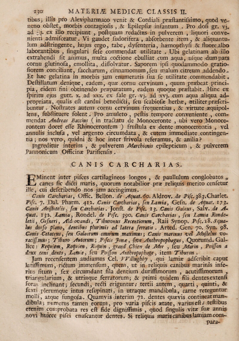 tibus; illis pro Alexipharmaco venit Se Cordiali prasftantifsimo, quod ve¬ neno obftet, morbis contagiofis , Jte Epilepfias inrantum , Pro dofi gr. yj„ ad bj. ex illo recipiunt , poftquam jedadus in pulverem , liquori conve¬ nienti admifeeatur. Vi gaudet /odorifera , abforbente item , & aliquantu¬ lum adftringente, hujus ergo, tabe, dyfenteria, hasmopthyfi & fluore albo laborantibus , lingulari fele commendat utilitate , Ubi geiatinam ab Illo extrahendi fit animus, multa .codione ebulliat cum aqua, ufque dum pars cornu glutinofa, emollita, diflblvatur» Saporem ipfi quodammodo gratio- fiorem conciliant, faccharum, cinnamomum,feu malum citreum .addendo.» Et hasc -gelatina in morbis jam enumeratis fua fe utilitate commendabit« De.ftillatum denique, eadem, quas cornu cervinum , quum prasbeat princi¬ pia, eidem fini obtinendo praeparatum, eadem quoque prasftabit. Hinc ex fpiritu ejus gutt. x. ad xxx. ex fale gr. vj. ad xvj. cum aqua aliqua ad» . propriata, qualis efi: cardui benedidi, feu fcabiofas herbae, utiliterpraeferi- buntur . Noftrates autem cornu cervinum frequentius, & virtute asquipol- lens, fubRituere folent... Pro amuleto , peftis tempore conveniente , com¬ mendat Andreas Baccius ( in tradatu de Monoceronte , ubi vero Monoce- rontem docet.efle Rhinocerontem ) fruftula ex dente ^monocerontis, vei annulis inclufa , vel argento circumdata, & cutem immediate.contingen¬ tia ; nos vero, quidni & hoc inter frivola referamus, & anilia? ingreditur interim , & pulverem Marchimis epilepticum , & pulverem Pannonicum Officinas Parifienfis ... |C A N IS CARC H A R I A E Minent inter pifces cartilagineos longos , & paullulum conglobatos ,9 canes fic didi maris, quorum notabilior pras reliquis merito cenfetur ille , cui deferibendo nos jam accingimus. Cants Carcbarias, Dffic. Bellon. de AquatAo. Aldrov. £e Pi/c. jSjiCharlet. Pifc. 7. Dal. Pharm. 412. Canis Carcbarias, feu Lamia, Gefn. de Aquat. 173» Canis Arifiotelis. feu Carcbarias. Jonft. de Pifc, 13. Canis Galtus, Saly» de A- quat, 131, Lamia y Rondel. de Ptfc, 39o. Canis Carcbarias , feu Lamia Monde* letiiy Gefneriy Aid)ovandi y Tiburonus Recentiomm, Raii Synop. Pifc. iS, Squa* lus dorfo plano9 dentibus plurimis ad latera ferratis . Arted. Gen. 70, Syn. 98. Canis Cetacms, feu Galeorum omnium maximus ; Canis marinus vel Muftelus vo- racijf.mus ; Tiburo Autorum; Prfcis Jona, fiveAnthropophagus, Quorumd. Gal¬ lice : Requiem., Requien, Rtquin y grand Cbien de Mer , feu Marin , Poijfon a imx eens dents y Lqmie > feu Poijfon Anthropophage, item TTiburon , Jam recenfentem audiamus Ceh FFdlugbky , qui lamias adferibit caput ktiffimum ,<ridurn immenfum, quein, ut in reliquis canibus marinis infe¬ rius litum , fex circumdant fila dentium duriffimorum , acutiffiniorum , triangularium, 3c utrinque ferratorum; & primi quidem fili dentes extenfi foras inclinant; fecundi, redi eriguntur; tertii autem , quarti, quinti, Sc fexti plerumque intus refupinati, in ntraque mandibula, carne reteguntur molli , atque fungola. Quamvis interim 72. dentes quasvis, contineat man¬ dibula; numerus tamen eorum, pro varia pifeis astate, varius efi; teftibus etenim comprobata res eft fide digniffimis , quod lingulis vitas fux annis novi huicce pifei enafeantur dentes. Si reliquis mariscambuslamiamcom¬ para-