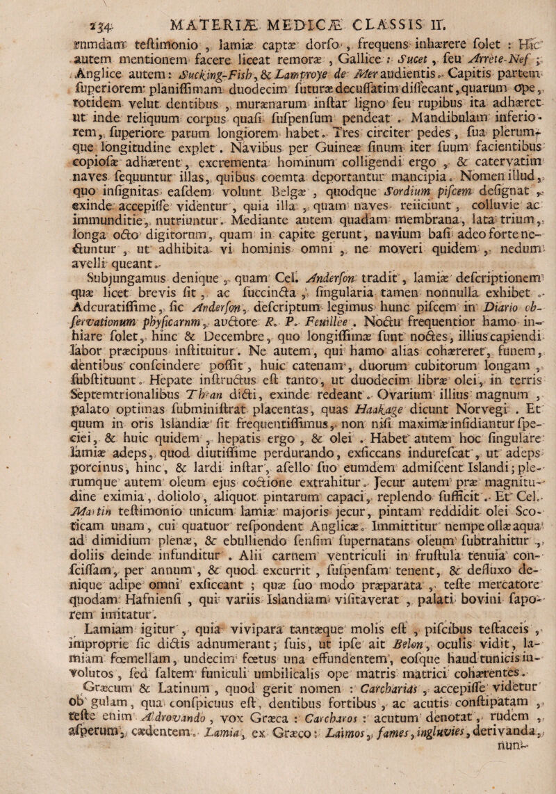 Y ' 2j4;> MATERm MEDICJE- CLASSIS II. rnmdanr teftimonio lamia* captar clorfo , frequens inhaerere folet : Hic autem mentionem facere liceat remore , Gallice .* Sucet, feu Anete-Nef ; Anglice autem: Sucking-Fisb,&Lamproye de Mer audientis Capitis partetiv fuperiorenr planiffimam duodecim’ futurae decuiTatini difiecant ,quarum crpe5 totidem yelut. dentibus 5> munenarum inftar ligno feu rupibus ita adhaeret ut inde reliquum corpus quali fufpenfum pendeat . Mandibulam inferio¬ rem, fuperiore parum longiorem habet . Tres circiter pedes, fua plerumf que longitudine explet. Navibus per Guinee linum» iter fuum facientibus copiofae adhaerent, excrementa hominum colligendi ergo , & catervatinr naves feqtmntur illas,, quibus coemta deportantur mancipia .■ Nomen illud,, quo inlignitas eafdenr volunt Belgae , quodque Sordium pifcem defignat exinde accepiife videntur, quia illa , quam naves- reiiciunty colluvie ac immunditie, nutriuntur. Mediante autem quadam membrana, lata trium ?5 longa odo1 digitorum , quam- in capite gerunt , navium bafi adeo forte ne¬ buntur , ut adhibita vi hominis omni ,, ne moveri quidem nedum* avelli queant o- Subjungamus denique quam Cei. Anderfon tradit, lamiar deferiptionera1 quae licet brevis lit, ac fuccin&a lingularia tamen nonnulla exhibet Adcuratiflime 3 lic Anderfon, deferiptum legimus hunc pifcem in Diario cb~ fewationum phyftcarnm r audore P» P* Femllee. Nodu frequentior hamo in¬ hiare folet, hinc & Decembre, quo longiffimae funt nodes, illius capiendi labor praecipuus inftituitur. Ne autem, qui hamo alias cohaereret, funem, dentibus confcindere poftit, huic catenanr, duorum cubitorum longam s fubftituunt; Hepate inlirudus eft tanto, ut duodecim librae olei, in terris Septemtrionalibus Tbfan didi, exinde redeant. Ovarium ilHus-magnum , palato optimas fubminiftrat placentas, quas Hmkjige dicunt Norvegf . Et quum in oris lslandiar fit frequentidimus, non nili maximi infidianturfpe- dei, & huic quidem , hepatis ergo , & olei . Habet autem hoc lingulare lamiae adeps, quod diutilfime perdurando, exficcans indurefeat, ut adeps porcinus, hinc, & lardi inftar , afello fuo eurndem admifeent Islandi; ple¬ rumque autem oleum ejus coctione extrahitur. Jecur autem prae magnitu-- dine eximia , doliolo , aliquot pintarum capaci , replendo fufficitEt CeL Martin teftimonio unicum lamiae- majoris jecur, pintam reddidit olei Sco¬ ticam unam , cui quatuor refpondent Anglice . Immittitur' nempe ollae aqua5 ad dimidium plenae, &r ebulliendo fenfim fupernatans oleum fubtrahitur doliis deinde infunditur . Alii carnem ventriculi in fruftula tenuia con- fcilfam, per annum5, & quod excurrit , fufpenfam tenent, & defluxo de¬ nique adipe omni' exliceant ; quae fuo modo praeparata ,v tefte mercatore quodam Hafnienli , quf variis Islandiann vilitaverat , palati- bovini fapo~- rem imitatur. Lamiam igitur , quia vivipara tantaeque molis eft , pifeibus teftaceis improprie lic dibtis adnumerant; fuis, ut ipfe ait Bel&n\ oculis vidit, ia- miam foemellam, undecim4 festus una effundentem , eofque haud tunicis in¬ solutos , fed faltenr funiculi umbilicalis ope matris matrici cohaerentes. Graecunr &: Latinum , quod gerit nomen : Carcharids , accepiife videtur ob gulam, qua confpicuus eft, dentibus fortibus , ac acutis conftipatam tefte enim Aldrovando , vox Graeca : Carcbaros : acutum denotat, rudem operum3 caedentem. Lamia y ex Graecor Laimos ^ fames ^ ingluvies, derivanda,, nur>