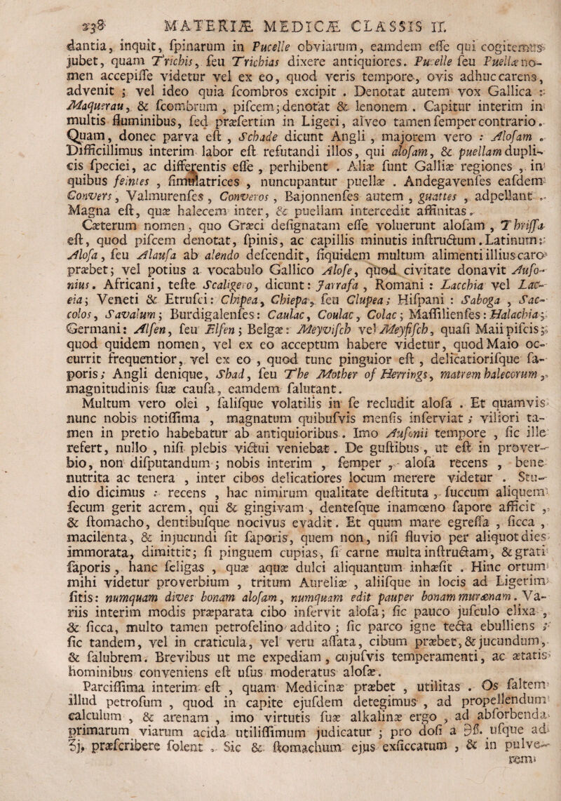 dantia, inquit, fpinarum in Pucelle obviarum, eamdem effe qui cogitemur jubet, quam T nebis, feu Trkbias dixere antiquiores. PmeUe feu Puella no¬ men accepiffe videtur vel ex eo, quod veris tempore, ovis adhuc carens, advenit ; vel ideo quia (combros excipit . Denotat autem vox Gallica r Maquerauy & fcombrum , pifcem; denotat & lenonem . Capitur interim in multis fiuminibus, fed praefertim in Ligeri, alveo tamen fempercontrario e Quam, donec parva eft , Scbade dicunt Angli, majorem vero .* Alofam c Difficillimus interim labor eft refutandi illos, qui alofam, & puellam dupli¬ cis fpeciei, ac differentis effe , perhibent . Aliae funt Galliae regiones , itv quibus femes , firnulatrices , nuncupantur puella . Andegavenfes eafdem Convers, Valmurenfes , Converos, Bajonnenfes autem , guattes , adpellant.. Magna eft, quae halecena inter, & puellam intercedit affinitas» Caeterum nomen, quo Graeci defignatam effe voluerunt alofam , ThrijJ'a- eft, quod pifcem denotat,■fpinis, ac capillis minutis inftnidum .Latinurm- Alofa, feu Alaufa ab alendo defeendit, fiquidem multum alimenti illius caro* praebet; vel potius a vocabulo Gallico Alofe, quod civitate donavit Aufo~* nius, Africani, tefte Scaligero, dicunt: Jarrafa , Romani : Laccbia vel LaC~- eia; Veneti &. Etrufci: Chipea, Chiepay feu Clupea; Hifpani : Saboga , Saen¬ eolos , Savalum; Burdigalenfes: Caulae, Coulae, Co/ac; Maffilienfes: Halaebia Germani: Alfen, feu Blfen; Belgae: Meyvlfch veYJMeyfifcb, qua.fi Maiipifcisp quod quidem nomen, vel ex eo acceptum habere videtur, quodMaio oc¬ currit frequentior , vel ex eo , quod tunc pinguior eft , delicatiorifque fa¬ poris; Angli denique, Sbad, feu Xfo Motber of Herring$ y matrem halecorum r magnitudinis fuae caufa, eamdem falutant. Multum vero olei , falifqtie volatilis in fe recludit alofa . Et quamvis nunc nobis notiffima , magnatum quibufvis menfis inferviat; viliori ta¬ men in pretio habebatur ab antiquioribus . Imo Aufmii tempore , fic ille refert, nullo , nifi plebis vidui veniebat . De guftlbus , ut eft in prover¬ bio, non difputandum ; nobis interim , femper , alofa recens , bene nutrita ac tenera , inter cibos delicatiores locum merere videtur . Stu¬ dio dicimus * recens , hac nimirum qualitate deftituta , fuccum aliquem fecum gerit acrem, qui & gingivam , dentefque inamoeno fapore afficit ,, & ftomacho, dentibufque nocivus evadit . Et quum mare egreffa , ficca , macilenta, & injucundi fit faporis, quem non, nifi fluvio per aliquot dies immorata, dimittit ; fi pinguem cupias , fi carne multa inftrudam, & grati faporis , hanc feligas , quas aquae dulci aliquantum inhaefit . Hinc ortum mihi videtur proverbium , tritum Aureliae , aliifque in locis ad Ligerim jfitis: numquam dives bonam alofam, numqmm edit pauper bonam mumnam. Va- riis interim modis praeparata cibo infervit alofa; fic pauco jufculo elixa , 3c ficca, multo tamen petrofelino addito ; fic parco igne teda ebulliens /■' fic tandem, vel in craticula, vel veru affata, cibum praebet,&jucundum, St falubrem. Brevibus ut me expediam , eujufvis temperamenti, ac aetatis* hominibus conveniens eft ufus moderatus alofa?. Parciflima interim- eft , quam Medicinae praebet , utilitas . Os falterrv illud petrofum , quod in capite ejufdem detegimus , ad propellendum calculum , & arenam , imo virtutis fux alkalinae ergo , ad abforbenda* primarum viarum acida utiliffimum judicatur ; pro dofi a 9$. ufque ad 5j>praeferibere foleat ,, Sic & ftomachum ejus exficcatum 3 & in pulver rmv