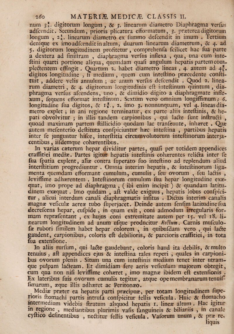 num 3*. digitorum longum , & linearum diametro Diaphragma verfus adfcendit. Secundum, prioris plicatura efformatum, 3. praeterea digitorum longum ,21 linearum diametro ex fumfflo defcendit in imum . Tertium denique ex imoadfcendit in altum, duarum linearum diametrum, & 4. ad 5. digitorum longitudinem profitetur, comprehenfa fcilicet hac fua parte a dextera ad finiftram , diaphragma verfus inflexa , qua, una cum inte- ftini quarti portione aliqua, quemdam quafi angulum hepatis partemcom- pledentem effingit. Quartum habet diametro lineas , 4, autem ad 4I. digitos longitudine , fi medium , quem cum inteftino procedente confti- tuit , addere velis annulum ; ac anum verfus defcendit . Quod 2. linea¬ rum diametri, & 4.. digitorum longitudinis ei! inteftinum quintum , dia¬ phragma verfus afcendens, uno, & dimidio digito a diaphragmate infle¬ xum, fequens efformat inteftinum; Sextum vero omnium longiffimum; 6» longitudine fua digitos, & if., 2. imo 3. nonntinquam, vel 4. lineas dia¬ metro explet ; in ani regione terminatur, ex parte aliis inteftinis, & he¬ pati obvolvitur ; in illis tandem carpionibus , qui lade funt inftrudi , quoad maximam partem ftillicidio quodam lac tranfeunte, inhseret . Quo autem mefenterio deftituta confpiciuntur hoc inteftina , partibus hepatis inter fe junguntur hifce, interftitia circumvolutorum inteftinorum interja¬ centibus, iifdemque cohaerentibus. In varias coterum hepar dividitur partes, quafi per totidem appendices craffitiei medfo. Partes igitur hepatis inteftinis cohaerentes relida inter fe fua fpatia explent, afio contra fuperato fuo inteftino ad replendum aliud interftitium progrediuntur . Omnia interim hepatis , & inteftinorum liga¬ menta quemdam efformant cumulum, cumulis r feu ovorum , feli ladis , leviffime adhorentem . Inteftinorum cumulum fua hepar longitudine exo- quat, imo prope ad diaphragma , ( ibi enim incipit ) Sc quandam latitu¬ dinem exoquat. Imo quidam , aft valde exiguus, hepatis lobus confpici- tur , alicui interdum canali diaphragmatis infitus . Didus interim canalis *nagno veficulo aereo tubo fuperjacet. Deinde autem fenfim latitudine fua decrefcens hepar, cufpide , in quam exit, coni admodum irregularis for¬ mam reprofentant , ex hujus coni extremitate autem per 15. vel 18. li- tiearum longitudinem ad anum ufque producitur ReHum. Carnis mufculo- fo rubori flmilem habet hepar colorem , in quibufdam vero , qui lade gaudent, carpionibus, coloris eft debilioris,- & parcioris craffitiei, in tota fua extenfione. In aliis rurfum, qui lade gaudebant, coloris haud ita debilis, <kmulto tenuius, aft appendices ejus fk inteftina tales reperi , quales in carptoni- bus ovorum plenis . Situm una cum inteftinis medium tenet inter utram- que pulpam ladeam. Et dimidiam fere aeris veftculam majorem obtegit, cum qua non nifi leviffime cohoret, imo magnae ibidem eft extenfionis . Ex lateribus fuis ovorum cumulis tegitur, atque ope membranarum tenuiC fimarum, aeque illis adhaeret ac Peritonaeo. „ Mediae praeter ea hepatis parti praecipuae, per totam longitudinem fupe- rioris ftomachi partis intrufa confpicitur fellis veficula. Huic & ftomacho intermedium videbis ftratum aliquod hepatis r. lineae altum . Hac igitur in regione , mediantibus plurimis vafis (anguineis & biliariis , in canale cyftico definentibus , neditur fellis veficula. Vaforum unum , & prae re¬ liquis