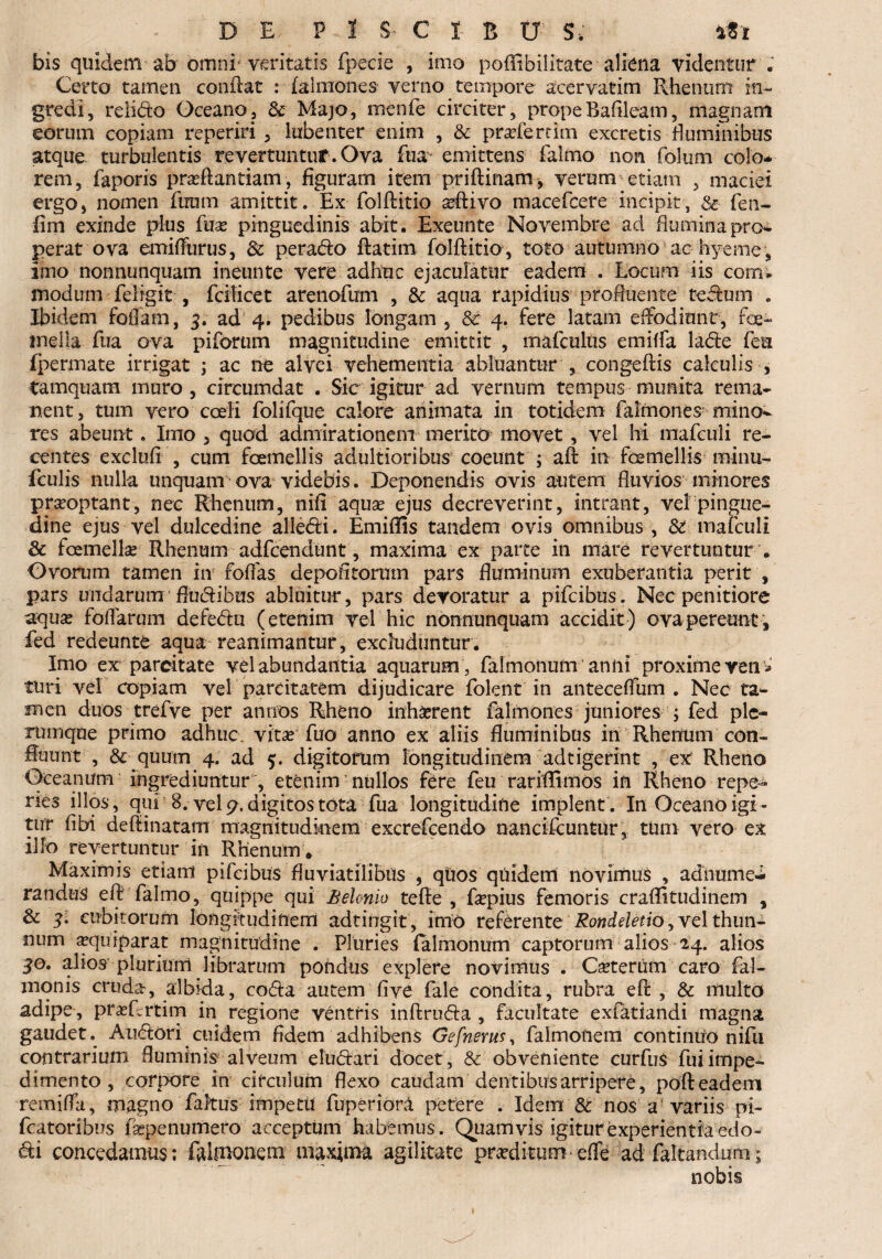 bis quidem ab omni* veritatis fpecie , imo poflibilitate aliena videntur . Certo tamen conflat : falmones verno tempore acervafim Rhenum in¬ gredi , relido Oceano? & Majo, menfe circiter, propeBaflleam, magnam eorum copiam reperiri , lubenter enim , & praflercim excretis fluminibus atque turbulentis re vertuntur. Ova fua emittens falnio non folum colo¬ rem, faporis proflandam, figuram item priftinam, verum etiam , maciei ergo, nomen fixum amittit. Ex folftitio oftivo macefcere incipit, & fen- fim exinde plus fuse pinguedinis abit. Exeunte Novembre ad flumina pro¬ perat ova emiflurus, & perado ftatim folftitio , toto autumno ac hyeme; imo non nunquam ineunte vere adhuc ejaculatur eadem . Locum iis coitu modum feligit , fcificet arenofum , 3c aqua rapidius profluente tedum . Ibidem foliam, 3. ad 4. pedibus longam , & 4. fere latam effodiunt, foe- mella fua ova piforum magnitudine emittit , mafcultis emilfa lade feu fpermate irrigat ; ac ne alvei vehementia abluantur , congeftis calculis , tamquam muro, circumdat . Sic igitur ad vernum tempus munita rema¬ nent, tum vero coeli folifque calore animata in totidem falmones-mino¬ res abeunt. Imo, quod admirationem merito movet , vel hi mafculi re¬ centes exclufi , cum foemellis adultioribus coeunt ; aft in fcemeliis minu- fculis nulla linquam ova videbis. Deponendis ovis autem fluvios minores prooptant, nec Rhenum, nifi aquse ejus decreverint, intrant, vel pingue¬ dine ejus vel dulcedine alledi. Emiflis tandem ovis omnibus , & mafculi & foemellse Rhenum adfcendunt, maxima ex parte in mare revertuntur . Ovorum tamen in foffas depolitorum pars fluminum exuberantia perit , pars undarum Hudibm abluitur, pars devoratur a pifcibus. Nec penitiore aquse foliarum defedu (etenim vel hic nonnunquam accidit ) ova pereunt , fed redeunte aqua reanimantur , excluduntur. Imo ex parcitate vel abundantia aquarum , falmonuiti anili proxime ren » turi vel copiam vel parcitatem dijudicare folent in anteceflum . Nec ta¬ men duos trefve per annos Rheno inhserent falmones juniores ; fed ple¬ rumque primo adhuc vito fuo anno ex aliis fluminibus in Rhenum con¬ fluunt , & quum 4. ad 5. digitorum longitudinem adtigerint , ex Rheno Oceanum ingrediuntur , etenim nullos fere feu rariflimos in Rheno repe¬ des illos, qui 8. vel p, digitos tota fua longitudine implent. In Oceano igi¬ tur flbi deftinatam magnitudinem excrefcendo nancifcuntur, tum vero ex ilio revertuntur in Rhenum. Maximis etiam pifcibus fluviatilibus , quos qiiidem novimus , adnume-i randus eft falmo, quippe qui Behnio tefte , fopius femoris craflitudinem , & 3, cubitorum longitudinem adtingit , imo referente Rondeletio ^ vel thun¬ num oquiparat magnitudine . Pluries falmonum captorum alios 24. alios 30. alios plurium librarum pondus explere novimus . Coterum caro fa-1- monis cruda, albida, coda autem fiye fale condita, rubra eft , & multo adipe , proftrtim in regione ventris inftruda , facultate exfatiandi magna gaudet. Audori cuidem fidem adhibens Gefnevus, falmotiem continuo nifti contrarium fluminis alveum eludari docet , & obveniente curfus fui impe¬ dimento , corpore in circulum flexo caudam dentibus arripere, poft eadem remifla, magno faltus impetu fuperiora petere . Idem & nos a variis pi- fcatoribus fopenumero acceptum habemus. Quamvis igitur experientia edo- di concedamus: ftlmonem maxima agilitate proditumdfe ad faltandum; nobis