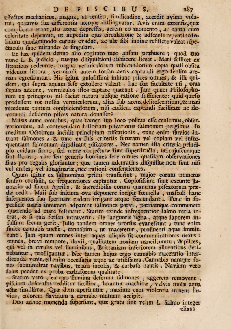 effe&us mechanicus, magna, ut cenfeo, iimilitudine, accedit avium vola¬ tui ^ quamvis fua differentia uterque diftinguatur. Avis enim extenfis,qu® complicat® erant , alis atque depreflis, aerem eo momento , ac tanta cum celeritate deprimit, ut impedita ejus circulatione & adfcenfu repentino fo- lidum quodammodo carpus eVadat, ac ala? iibi innix® refiftere valeat ;fpe- dtaculo fane mirando & lingulari. Et hcec quidem denuo alio cogitato meo anfatn pr®buere quod tuo nunc L. B. judicio , tu®que difquifitioni iubiicere liceat. Mari fcilicet ex littoribus redeunte, magna vermiculorum rubicundorum copia quali oblita videntur littora ; vermiculi autem forfan aeris captandi ergo fenlim are¬ nam egrediuntur, His igitur gulofidimi inhiant pilees omnes, & illi qui¬ dem , qui fupra aquam fefe extollere valent , hac fua facultate ufi , oras fopius adeunt, vermiculos illos captare quarunt • Jam quum Philofopho- rum ex principio: nil faciat natura abfque ratione fufficiente: quid qu®fo prodeflent tot millia vermiculorum, alias fub arenadelitefcentium,&mari recedente tantum confpiciendorum, nili eofdem captandi facilitate ac .de¬ vorandi defiderio pifces natura donaflet? Mifsis nunc omnibus, quas tamen luo loco politas effe cenremus,obfer~ vationibus, ad contexendam hiftoriam pifcationis falmonum pergimus. In medium Oftobrem incidit principium pifcationis , tunc enim fluvios in¬ trant falmones ,* 8c tunc ex fuis criteriis futuram vel copiam vel infre¬ quentiam falmonum dijudicant pifcatores . Nec tamen illa criteria princi¬ pio cuidam firmo, fed mera? conje&ur® funt Cuperftru&a; uticujufcumque fint flatus , vit® feu generis homines fere omnes quafdam obfervationes fuas pro regulis gloriantur; qua? tamen adeuratius difquifit® non funt nili vel aniles, vel imaginari®,nec rationi confentientes* Quum igitur ex falmonibus primi tranlierint , major eorum numerus fenlim confluit, ac frequentiores captantur . Copiolifsimi funt exeunte Ja¬ nuario ad finem Aprilis , & incredibilis eorum quantitas pileatorum prae¬ da? cedit * Maii fub initium ova deponere incipit femella , mafculi hanc infequentes fuo fpermate eadem irrigant atque fecundant - Tunc in iii- perficie maris innumeri adparent falmones parvi, patriamque communem qu®rendo ad mare feftinant. Statim exinde infrequentior falmo retia in¬ trat, & fi quis forfan intraverit, ille languoris ligna , atque faporem in- fulfum fecum gerit . Julio tandem omnes prorfus evanefeunt ; tunc enim finita cannabis mefle , cannabim , ut maceretur, profluenti aqu® immit¬ tunt . Jam quum omnes inter aquas aliquis fit communicationis nexus s omnes, brevi tempore, fluvii, qualitatem noxiam nancifcuntur; pifces, qui vel in rivulis vel fluminibus, Brittaniam inferiorem alluentibus deti¬ nebantur, profligantur . Nec tamen hujus ergo cannabis maceratio inter¬ dicenda venit,eftenim neceflaria ®que ac mtilifsima.Cannabis namque fu¬ nes fubminiftrat navibus, telam incolis, Sc carbafa nautis . Navium vero falus pendet ex proba carbaforum qualitate. Statim vero , ex quo flumina deferunt falmones , aggerem removent pifeium defcenfus redditur facilior , laxantur machin® , valvis iqol® aqua adi® fimillim®. Qu® dum ^aperiuntur , maxima cum violentia irruens flu¬ vius, colorem flavidum a cannabe mutuum accipit. Duo adhuc monenda fuperfunt, qu® grata fint Yelim L. Salmo integer elixus